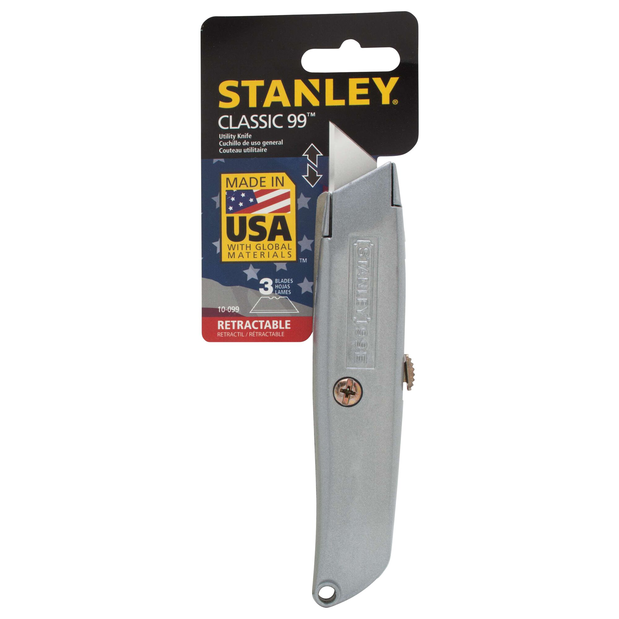 STANLEY 10-099 Classic 99 retractable utility knife in silver, shown in front view on packaging.