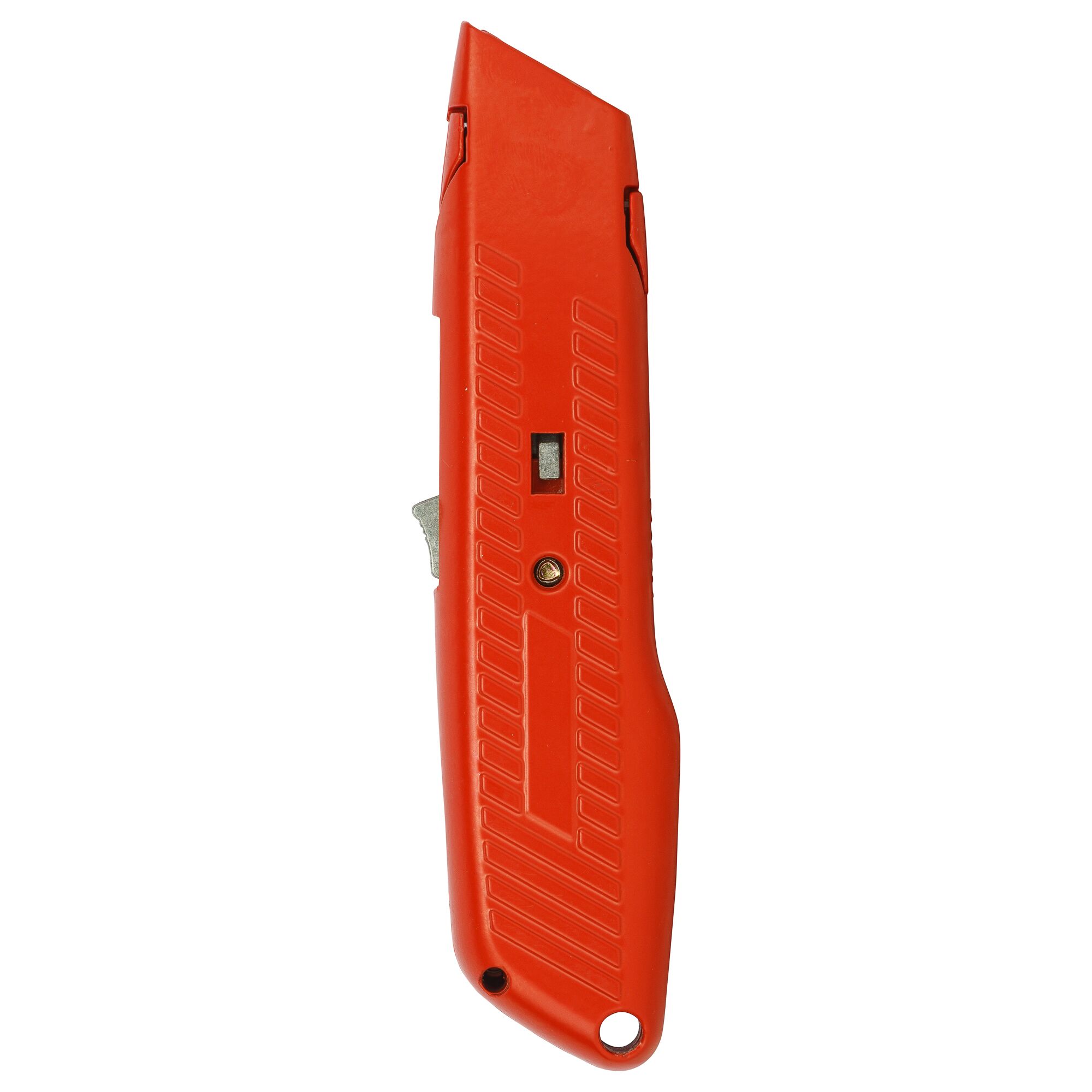 Photo of STANLEY 10-189C utility knife, red body, textured grip, photography, side angle, white background.