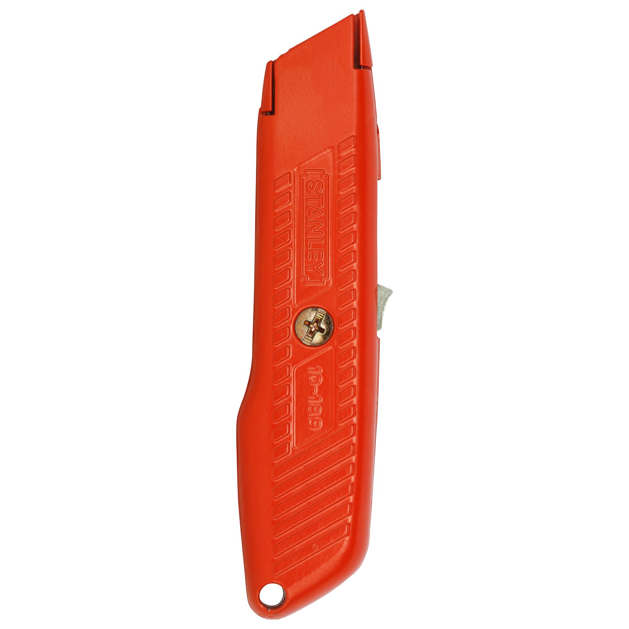 Stanley 10-189C utility knife, red handle, side view, photography on white background.