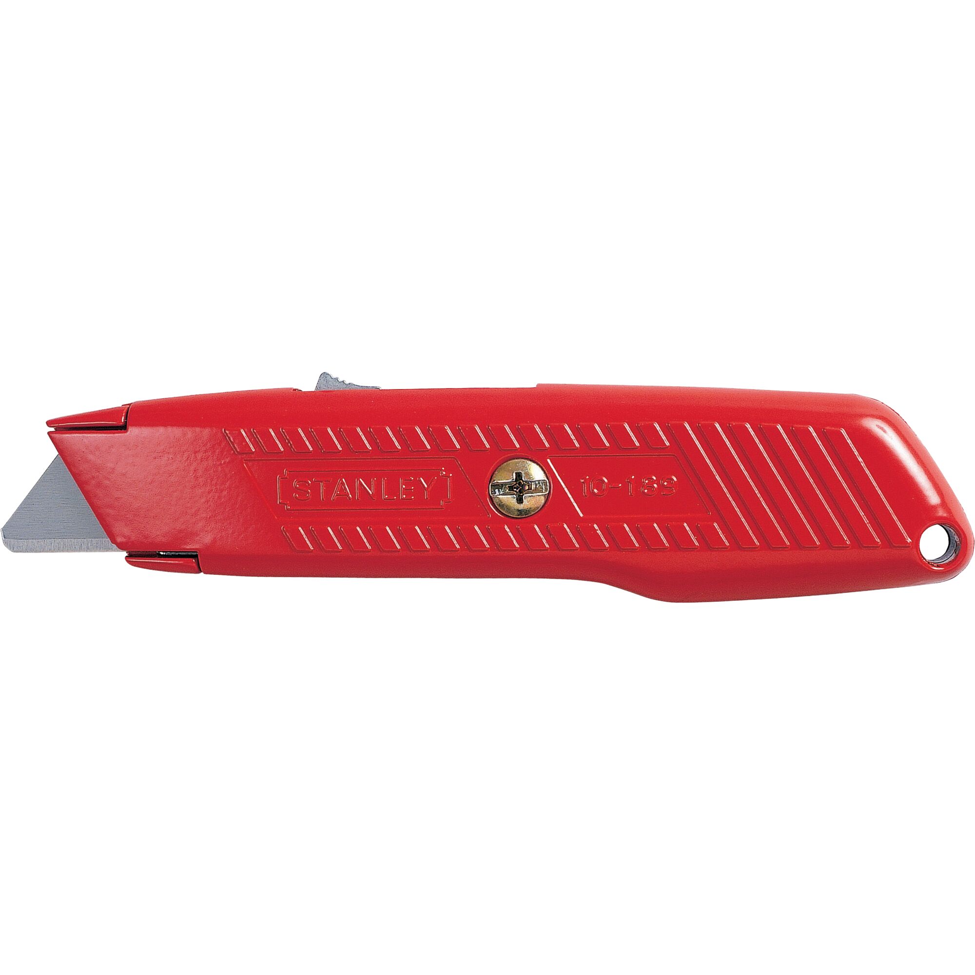 STANLEY 10-189C red utility knife, side angle, visible blade and textured handle.