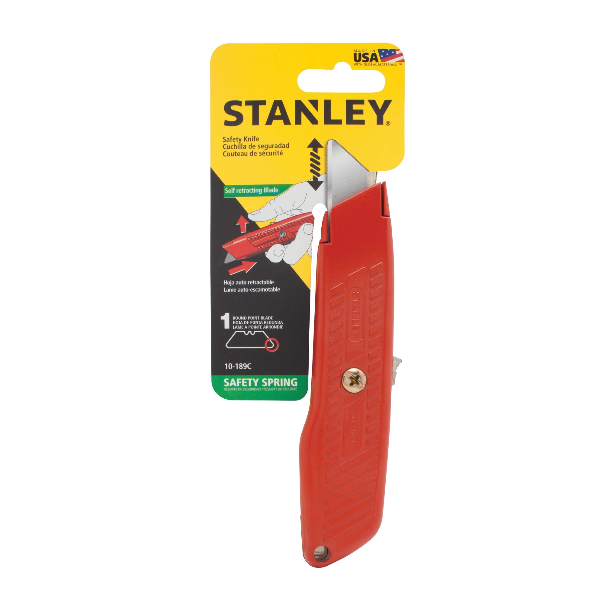 STANLEY 10-189C safety knife with red handle and self-retracting blade, photographed from front on white background.