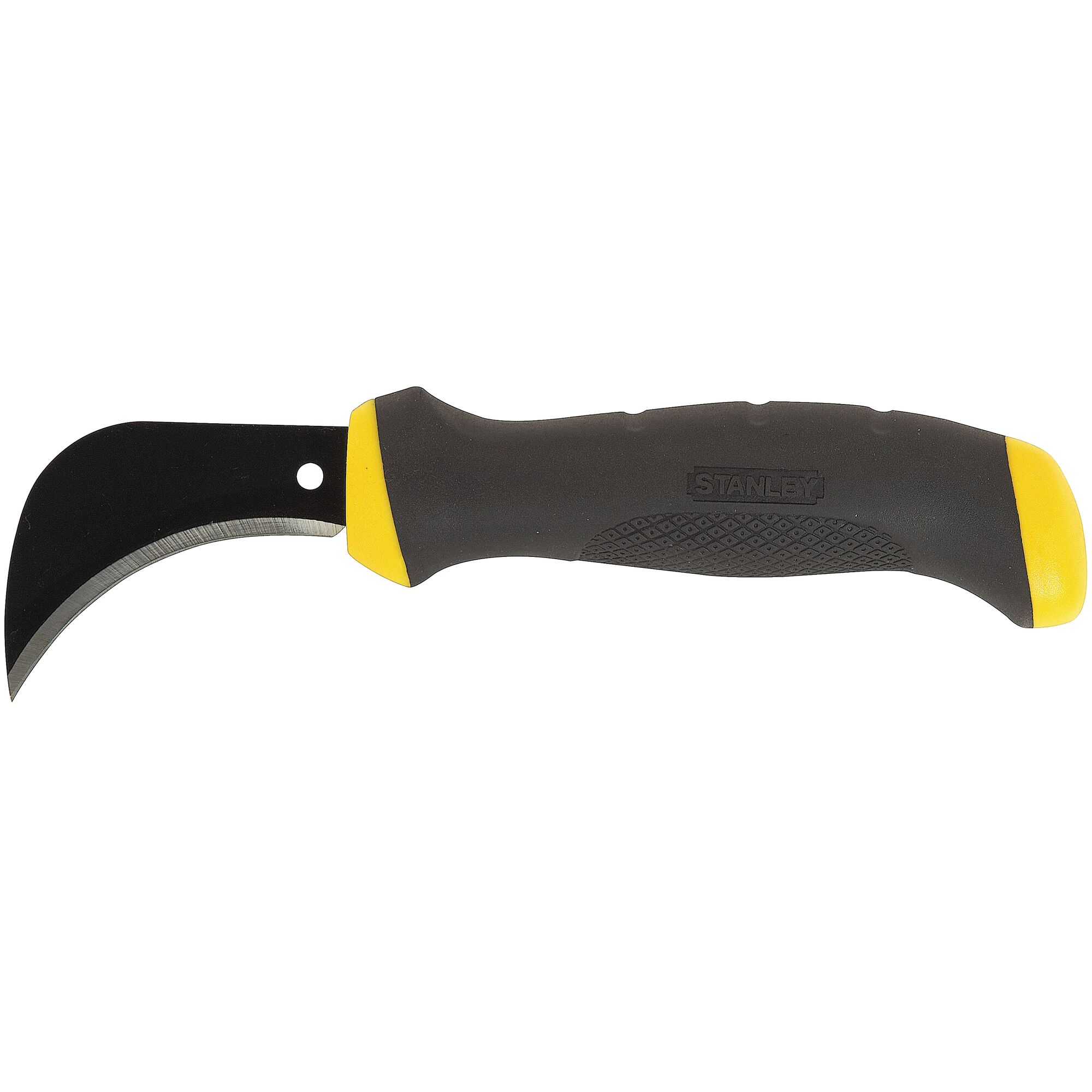 STANLEY curved pruning knife with black blade and ergonomic black and yellow handle, side view on white background