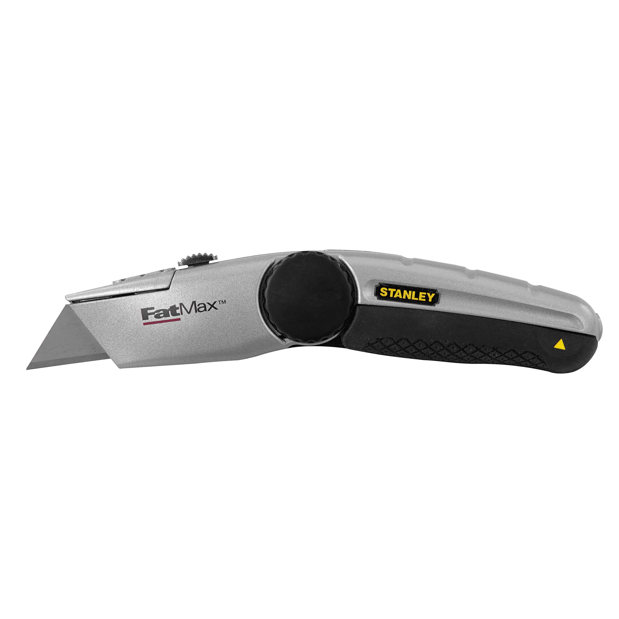 STANLEY FatMax utility knife side view, silver body with black grip, retractable blade, white background.