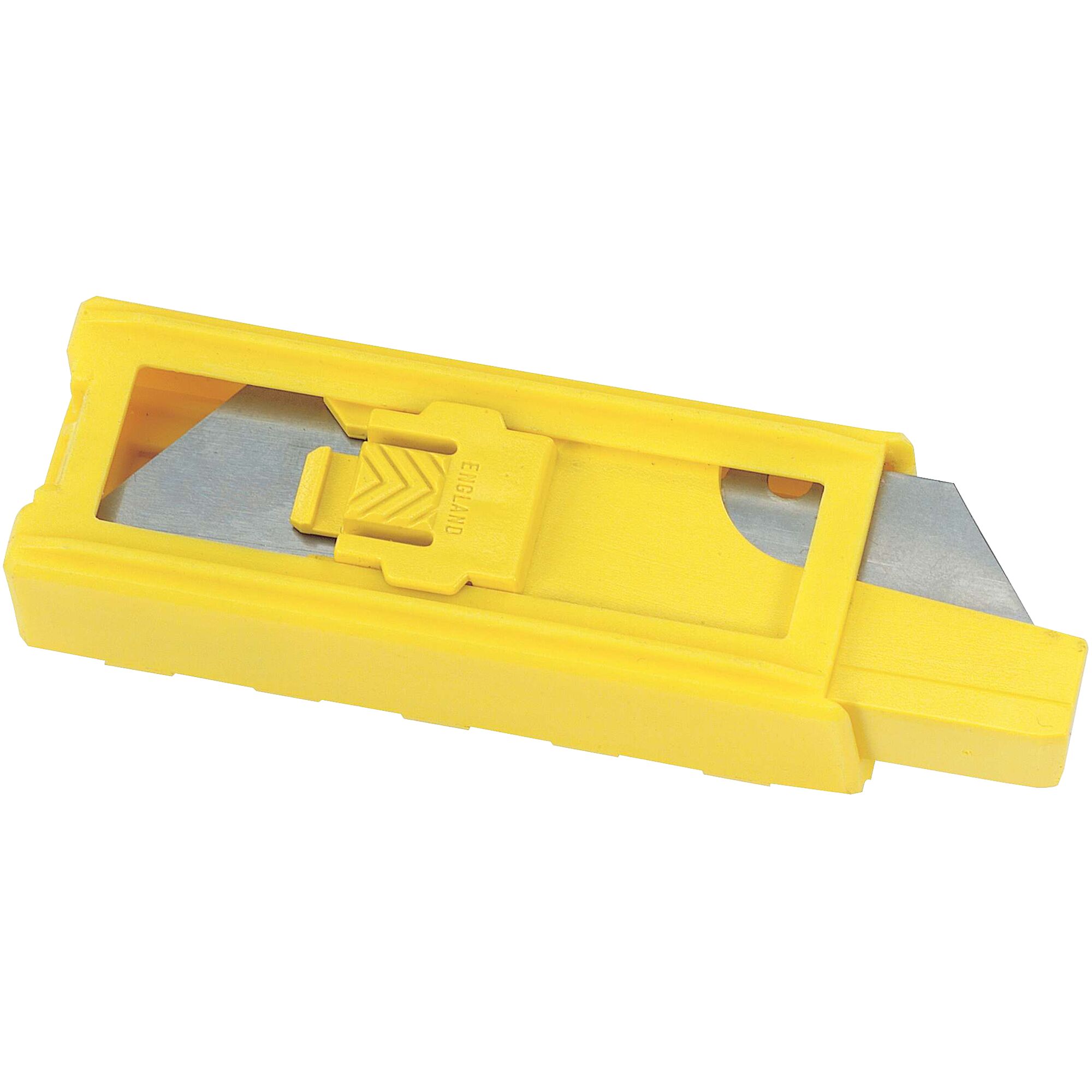 Stanley yellow plastic utility blade dispenser with visible metal blades, angled side view on white background.