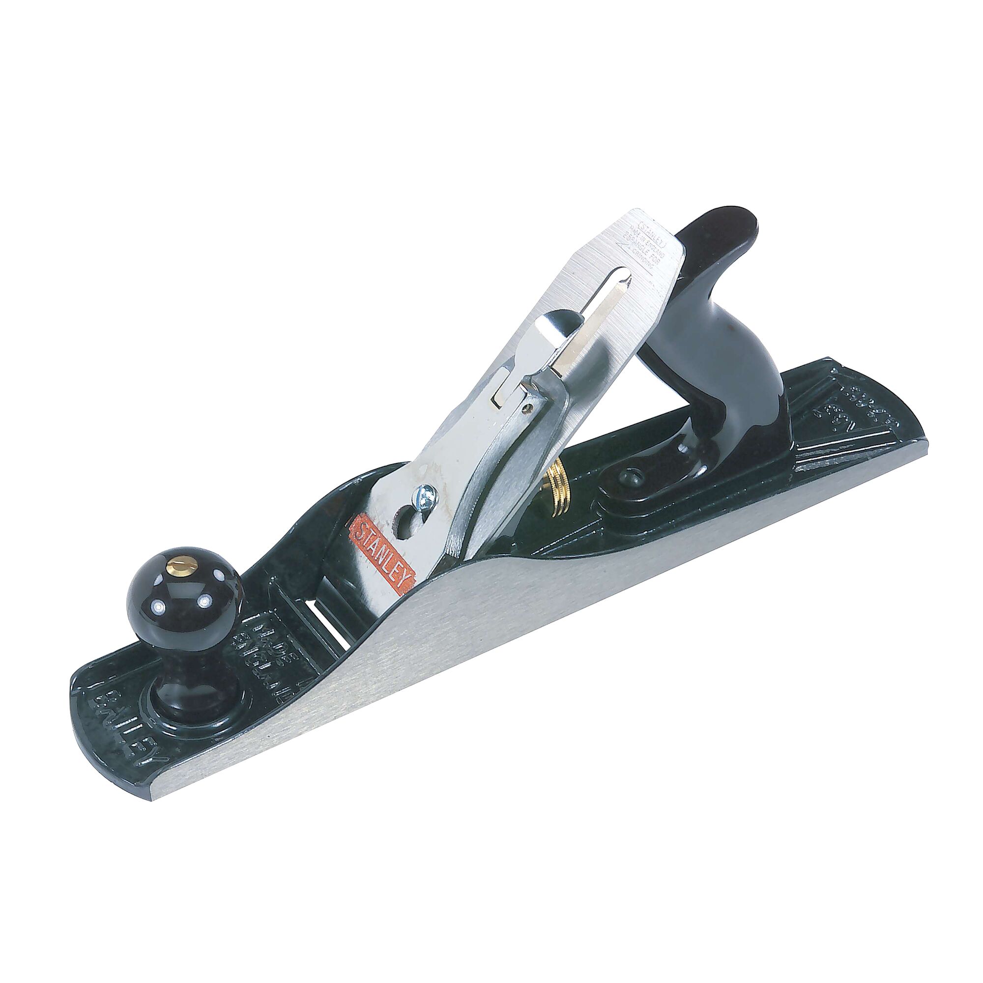 STANLEY hand planer, side angle, black metal body with chrome blade and black handles on white background
