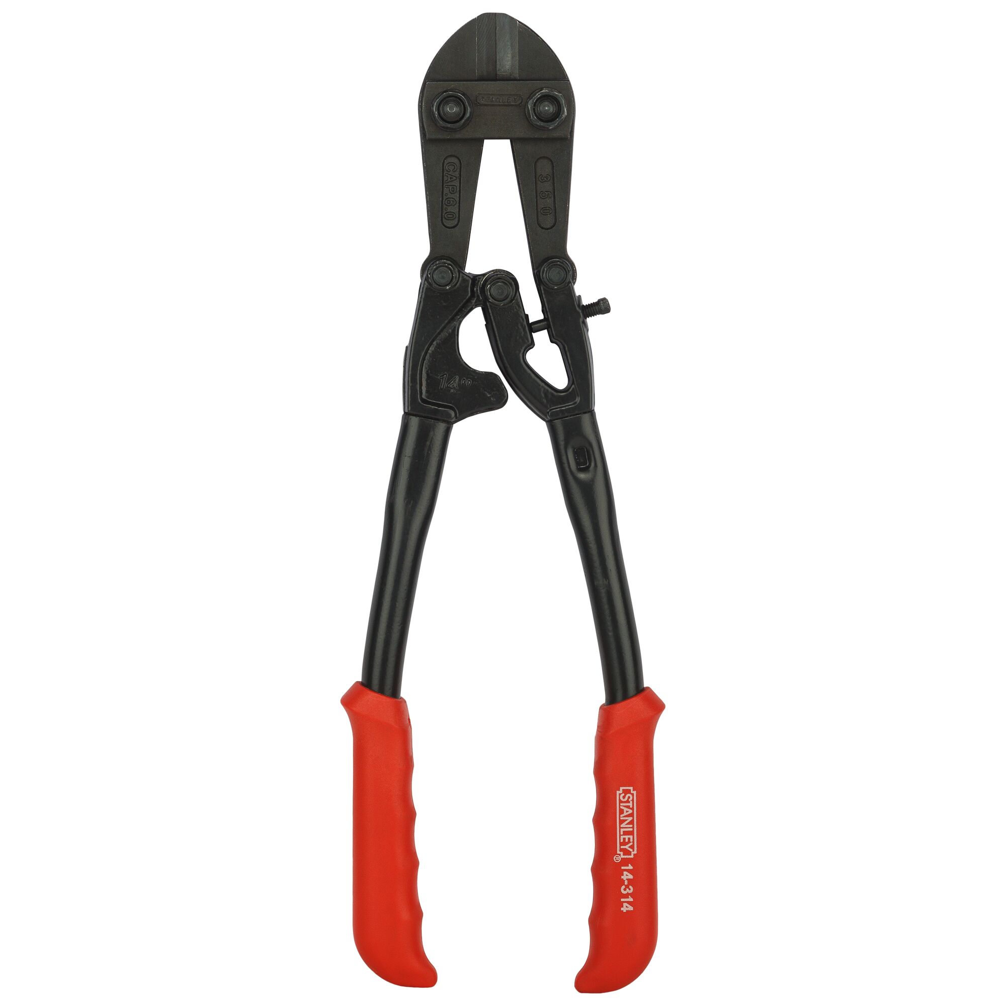 Stanley 14-314-23 bolt cutter with black jaws and red handles, front angle, photography product.
