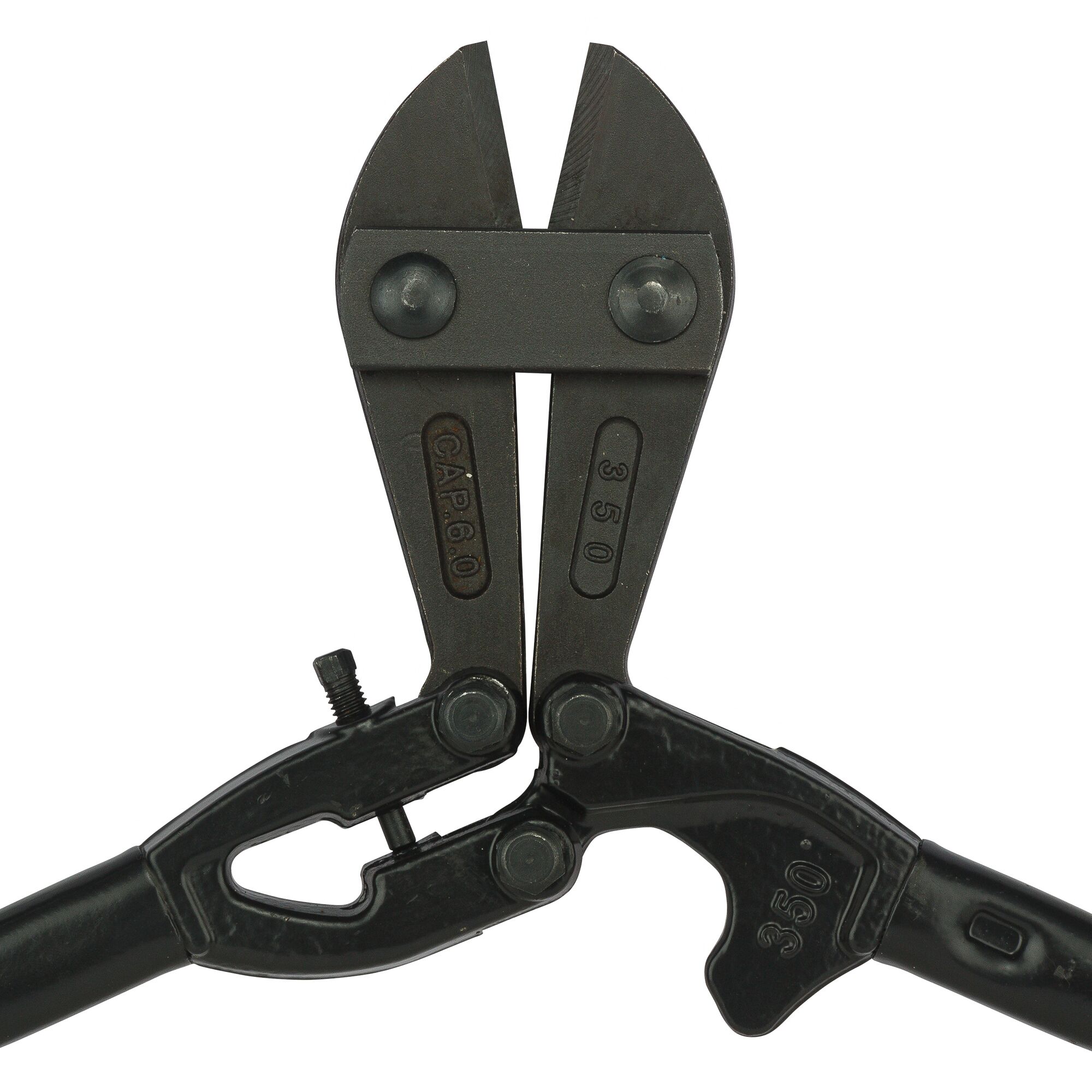 STANLEY 14-314-23 bolt cutter, black steel, close-up front angle, showing cutting jaws and pivot mechanism.