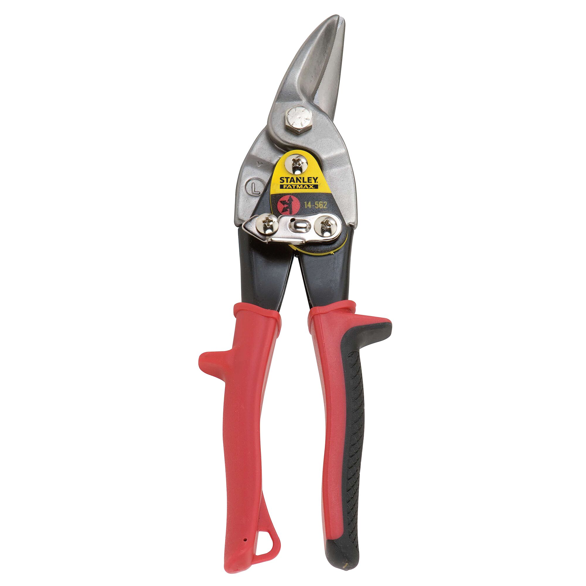 Stanley aviation snips with red and black ergonomic handles, angled metal cutting blades, front view on white background.