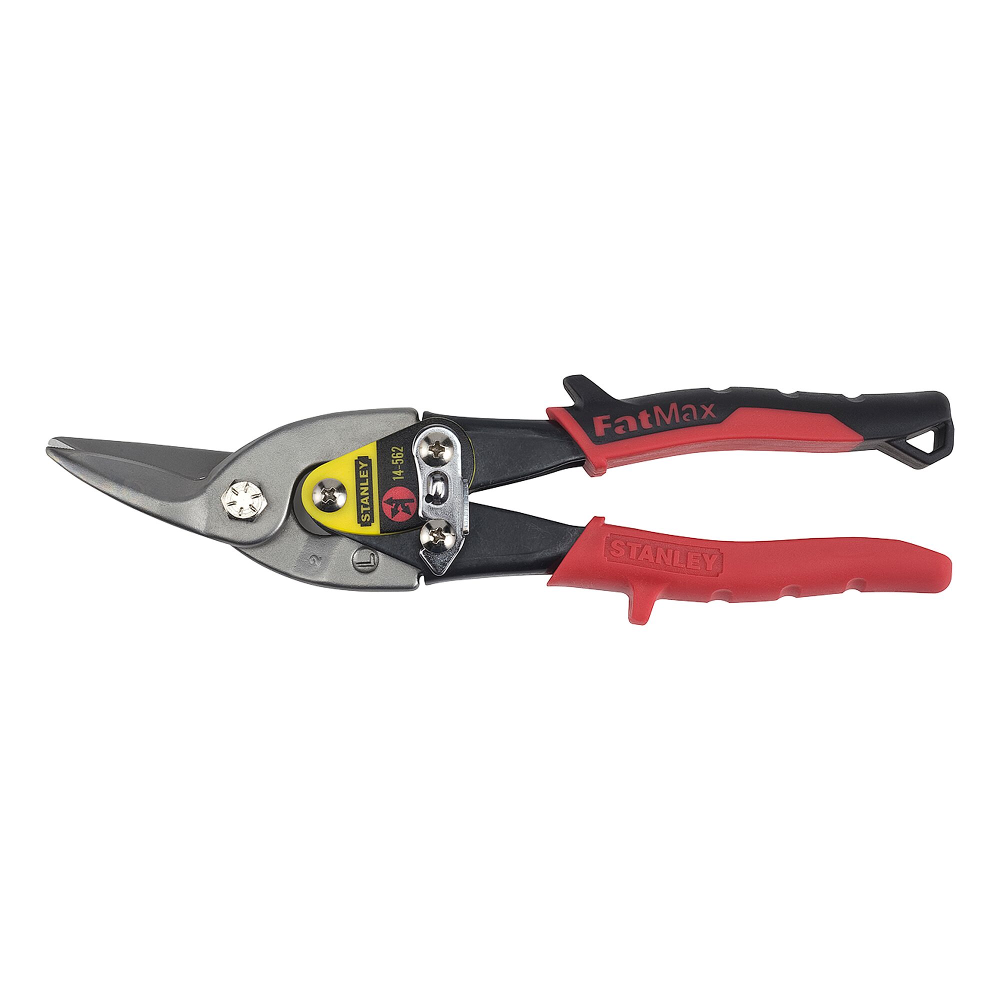 STANLEY 14-562 aviation snips with black and red ergonomic handle, left angled, side view on white background.