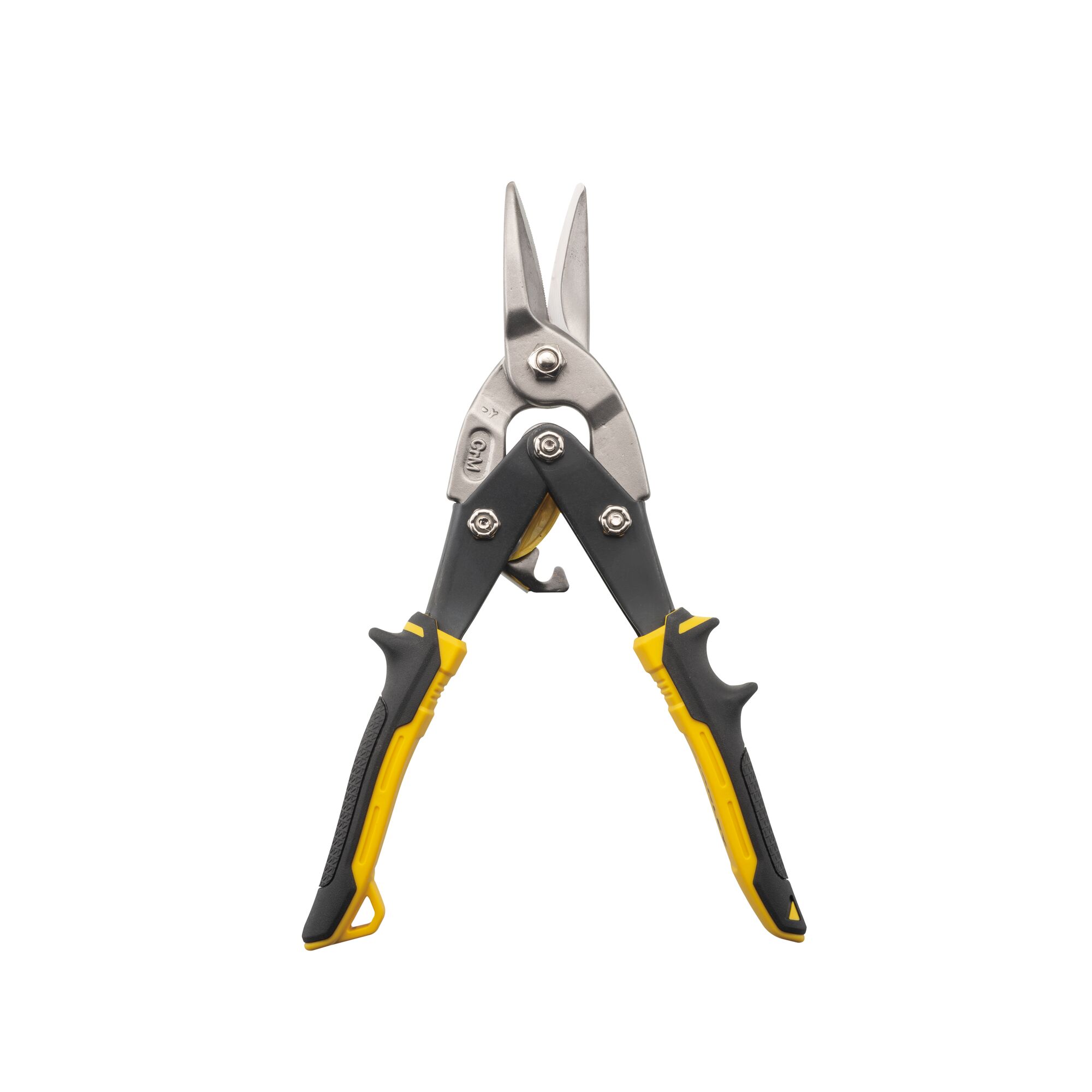 Left profile of fat max straight cut compound action aviation snips.