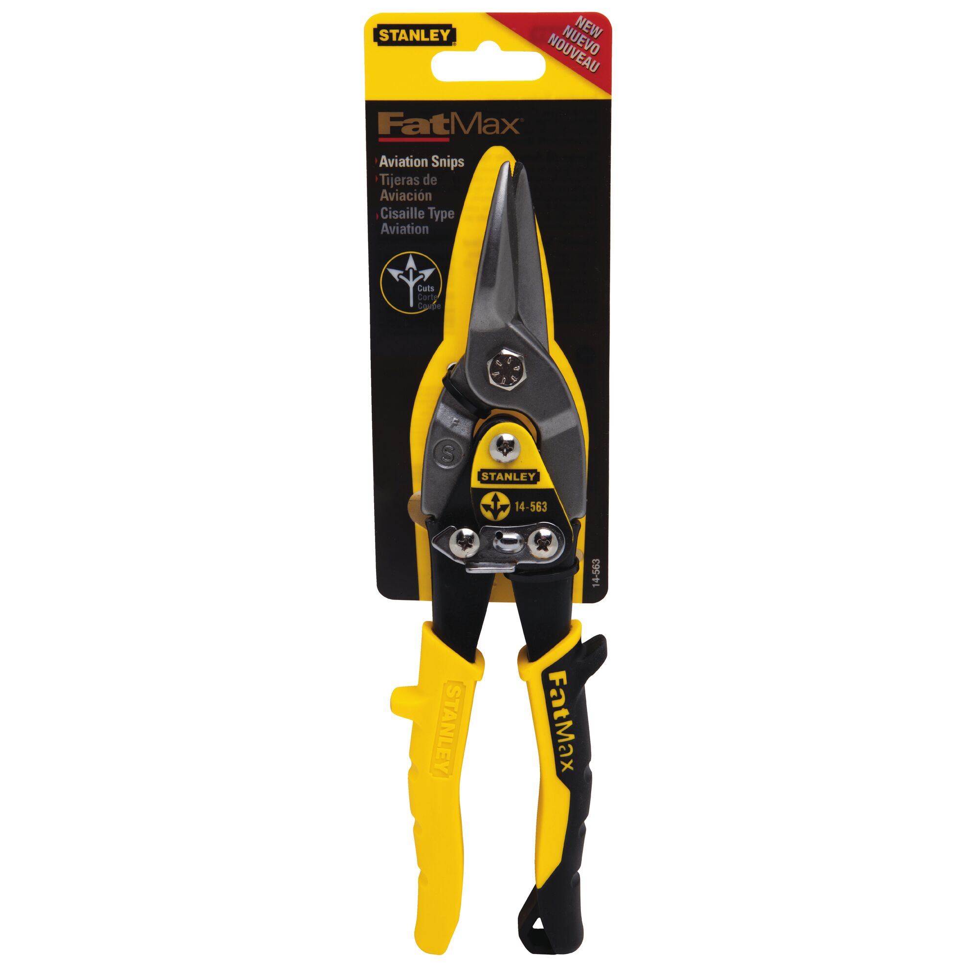 Photo of STANLEY FatMax aviation snips SKU 14-563 with yellow and black handles in retail packaging, front view.