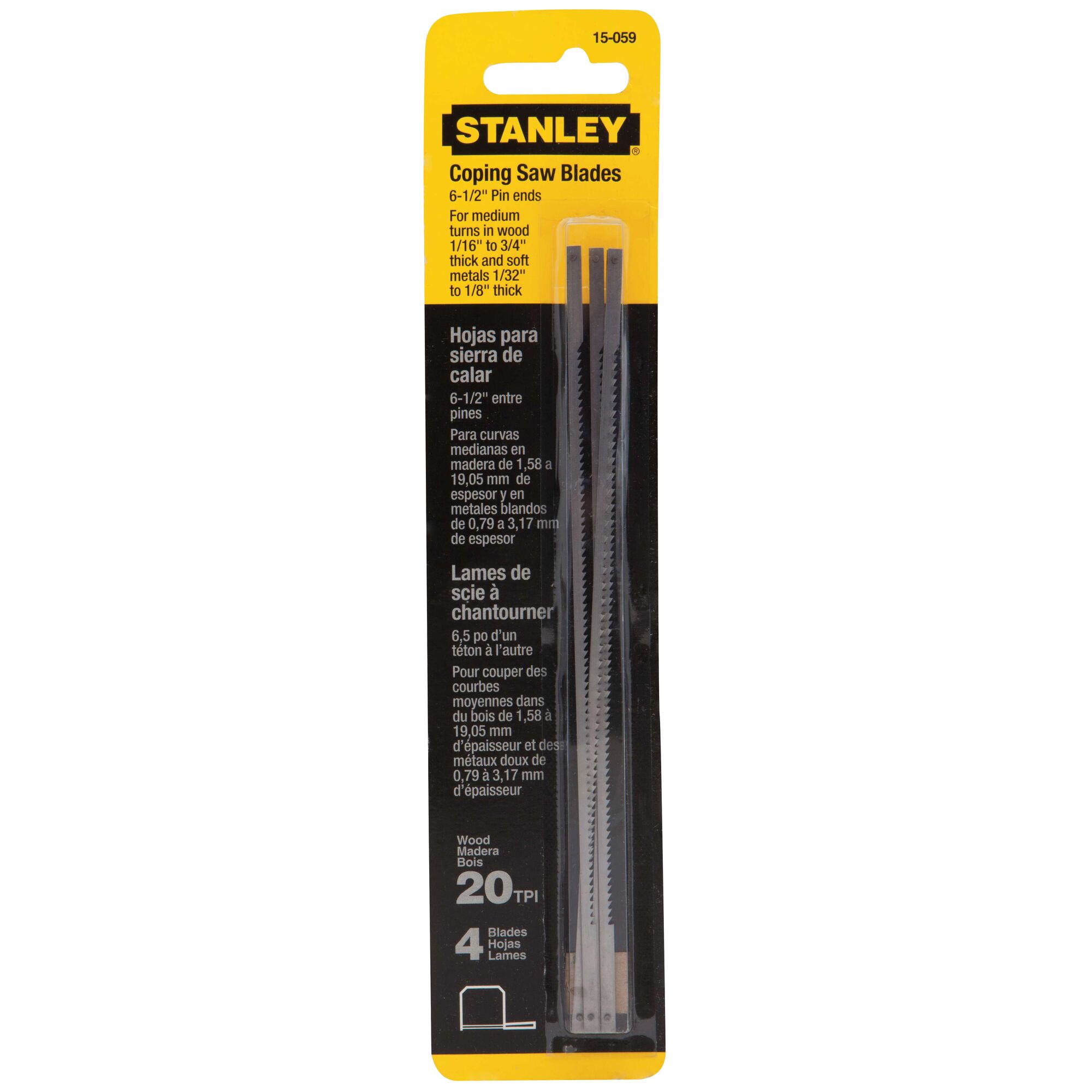 STANLEY 15-059 coping saw blades pack, 4 steel blades, 6-1/2 inch, for wood and metal, front packaging photo.
