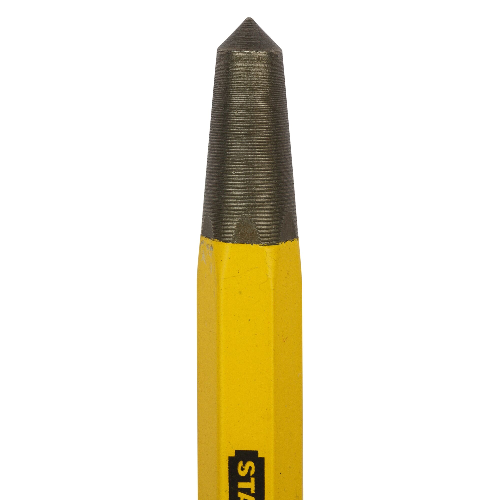 Stanley 16-228 steel center punch tool, yellow hex body, close-up on white background.