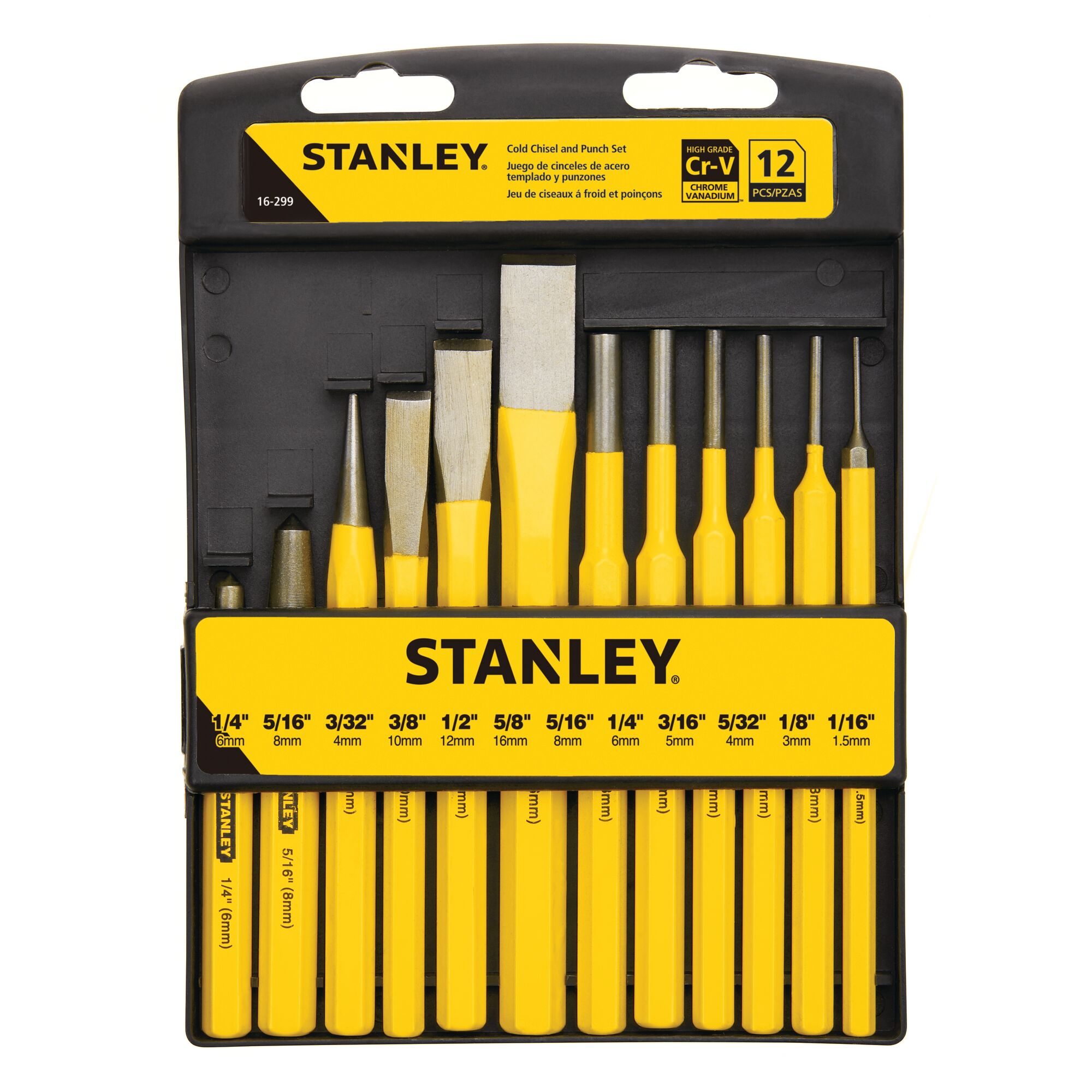 STANLEY 16-299 cold chisel and punch set, 12-piece, yellow handles, arranged in black holder, front view.