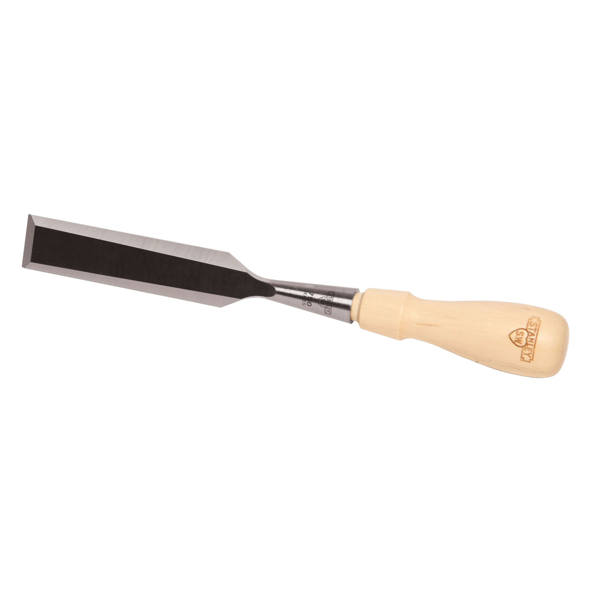 STANLEY woodworking chisel with long steel blade and light wood handle, side view on white background