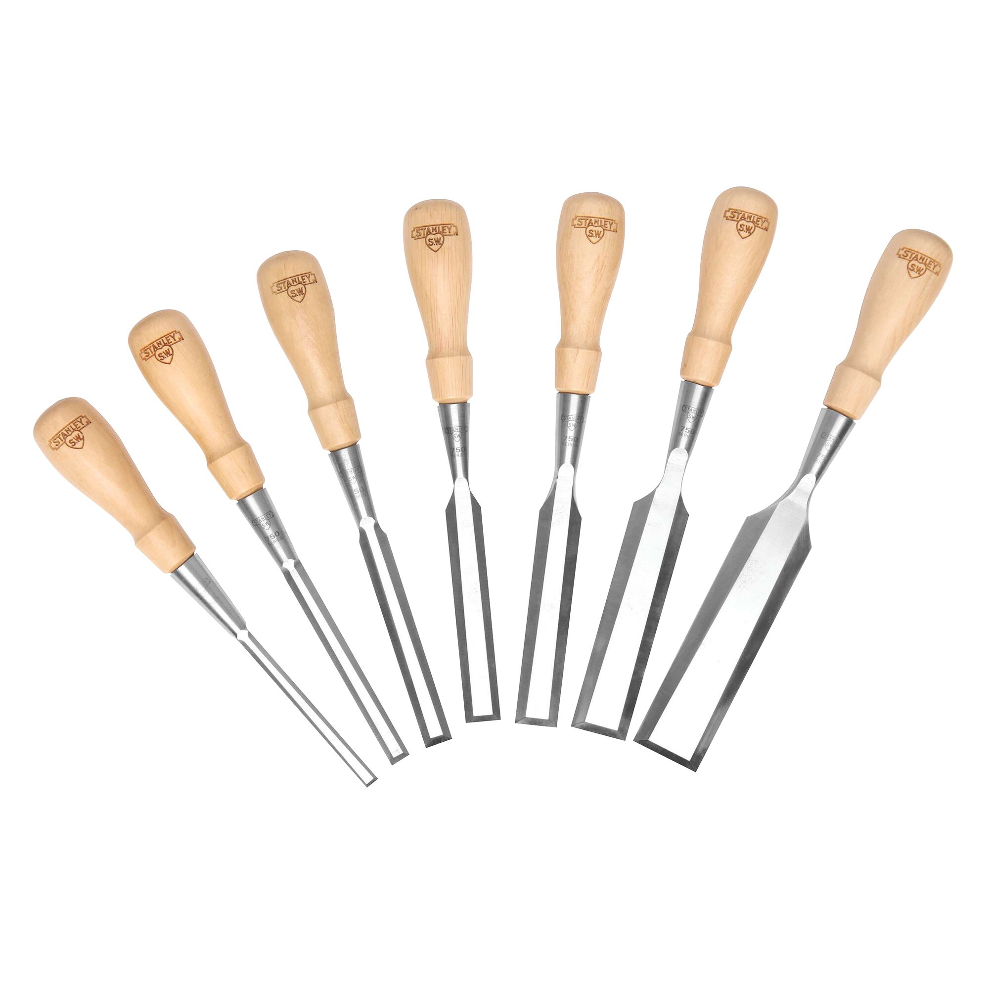 Stanley wood chisel set, seven pieces with steel blades and light wood handles, front view on white background