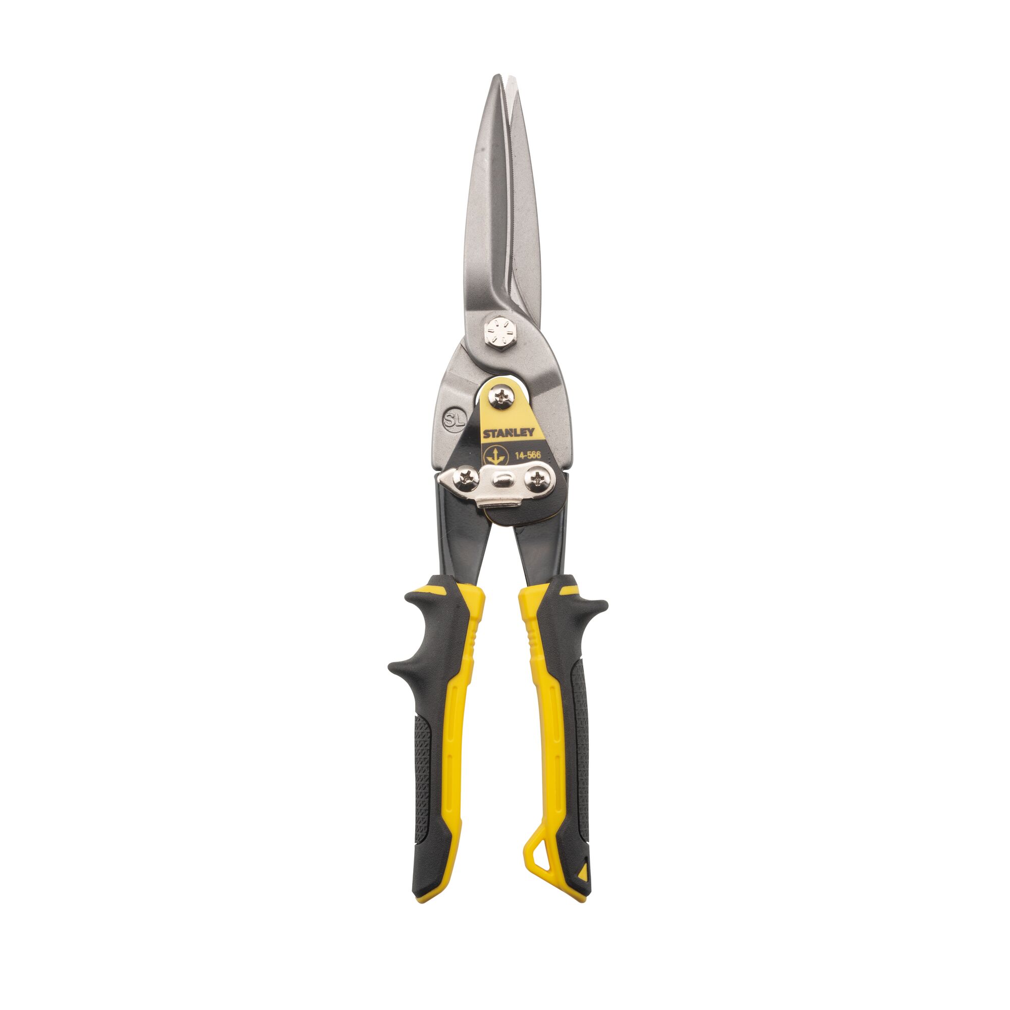 STANLEY 2-14-566 aviation snips, gray blade and yellow handles, top angle photo on white background.