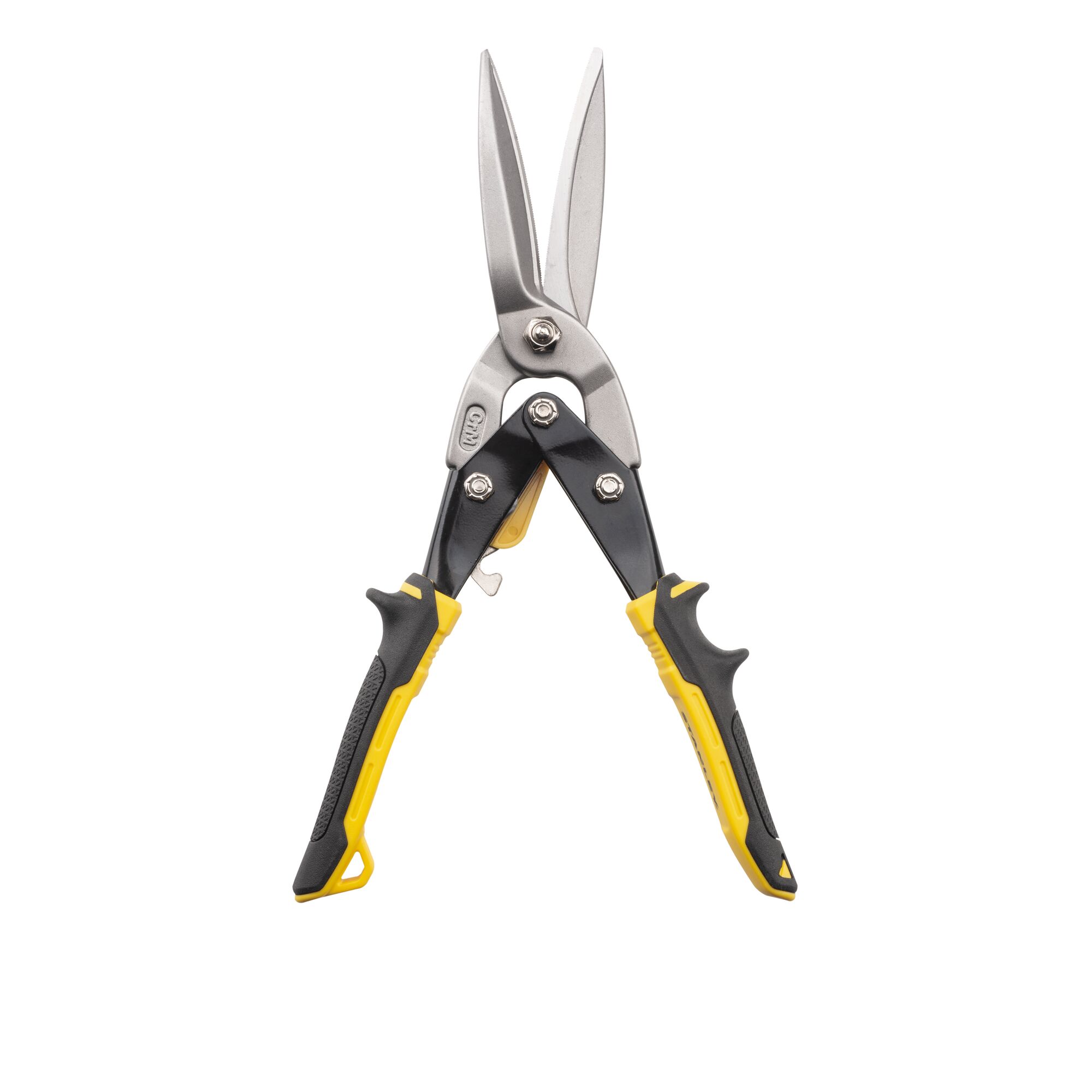 Stanley aviation snips with yellow and black handles, suitable for cutting sheet metal.