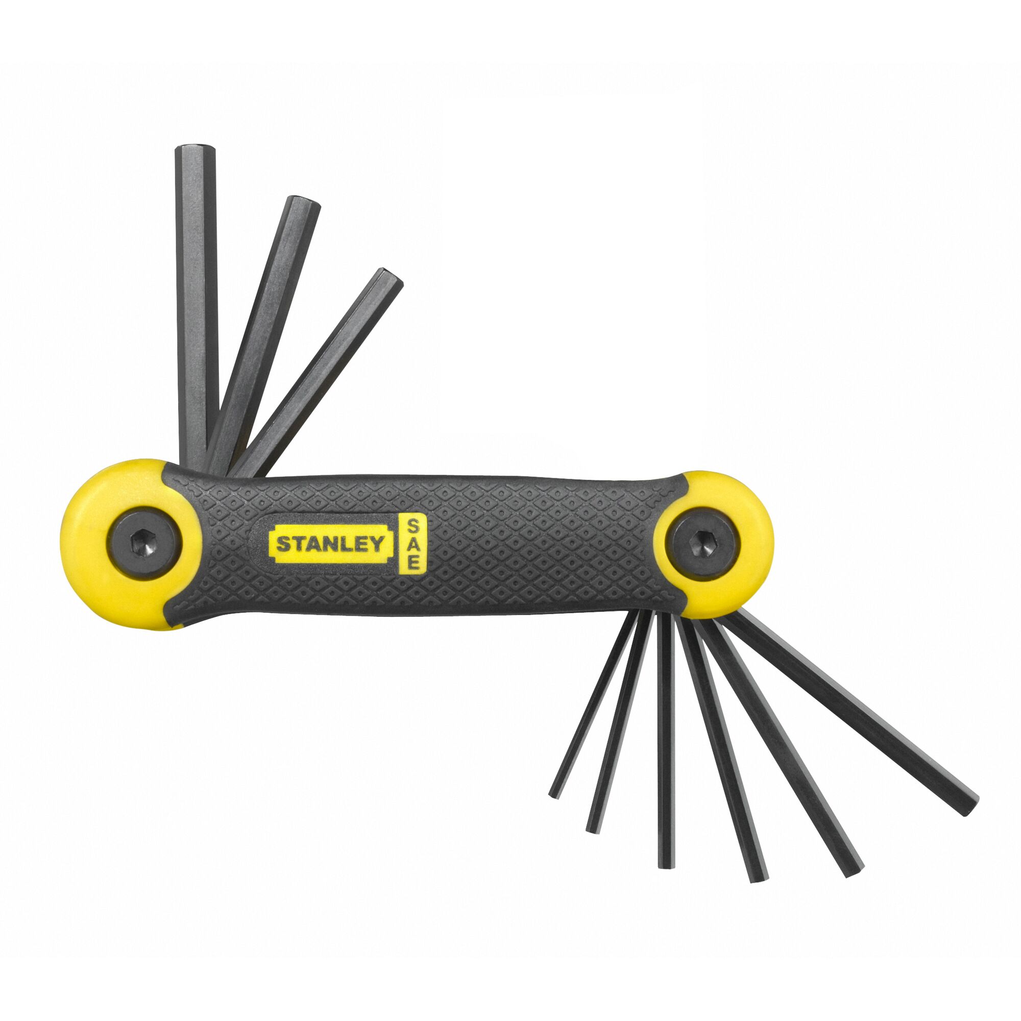 Stanley folding hex key set with ergonomic handle and multiple sizes extended. Black keys, yellow accents.