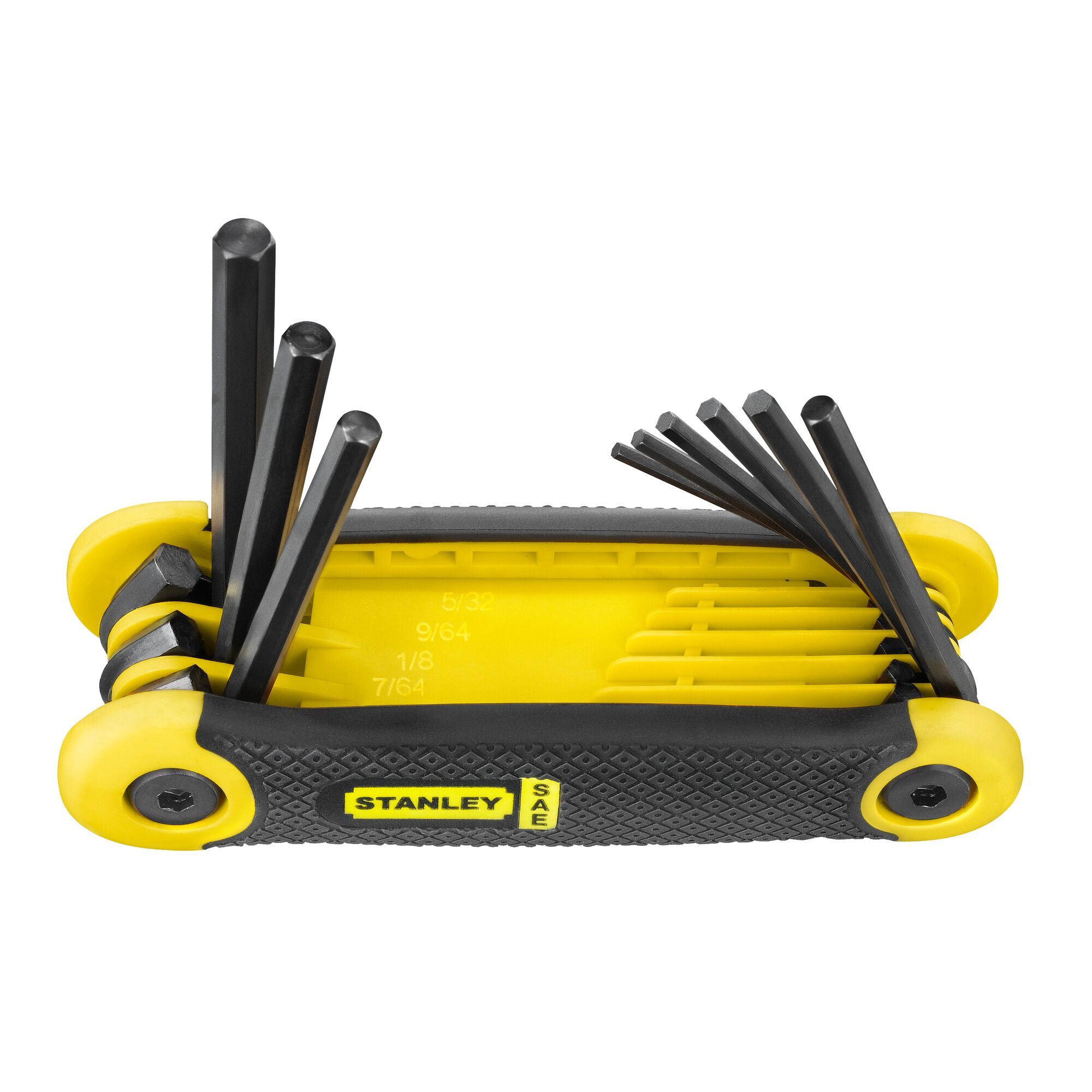 STANLEY yellow and black folding hex key set with multiple sizes extended for use.