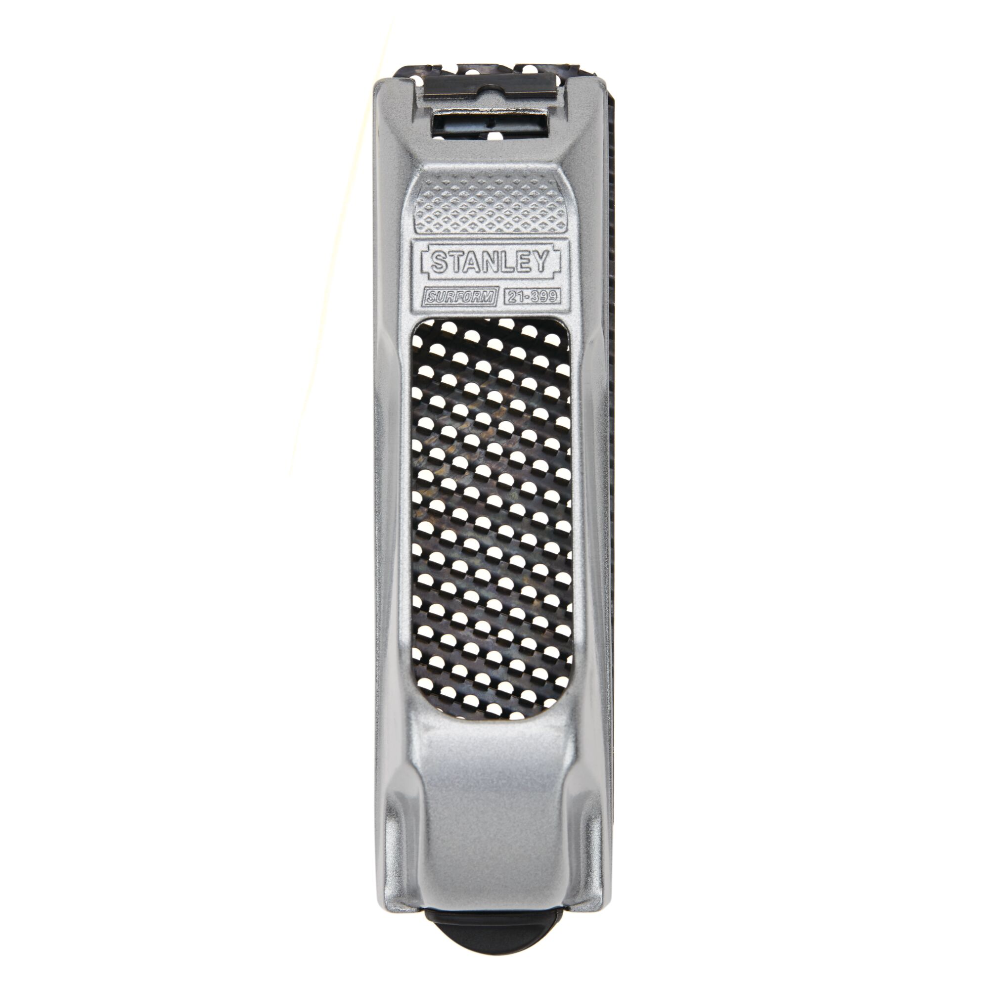 Stanley hand rasp, silver body with black grating, front view on white background