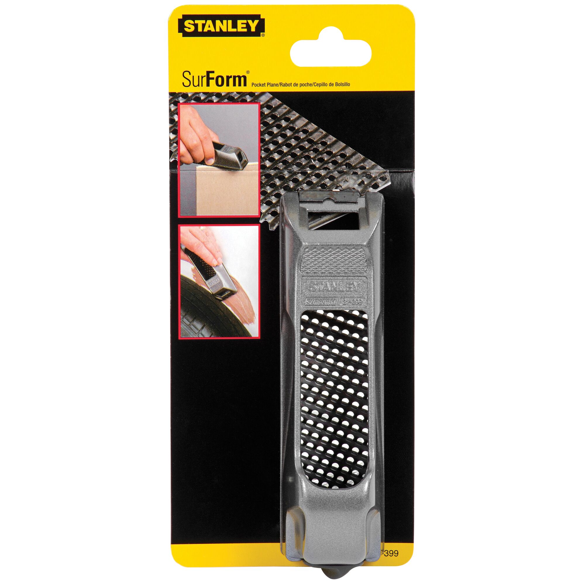 Photo of STANLEY SurForm pocket plane SKU 21-399 in packaging, metal body with perforated blade, category: hand tool.