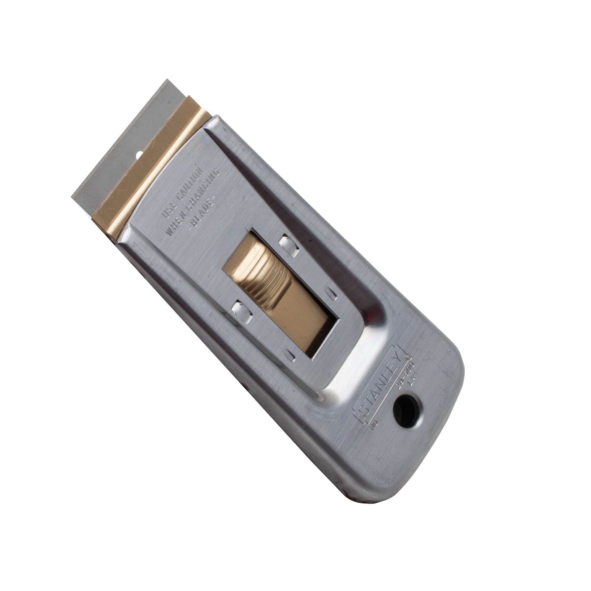 Stanley metal razor blade scraper with gold slider, top angled product shot on white background