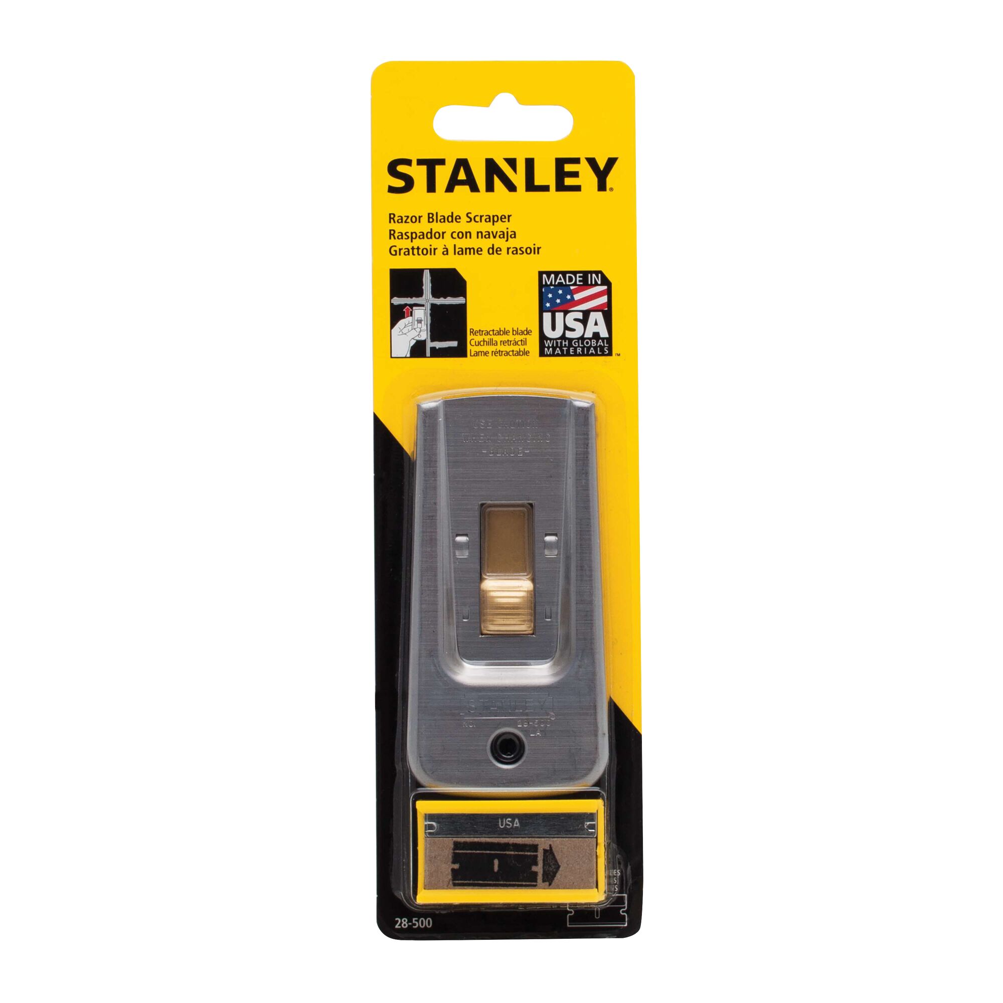 STANLEY 28-500 razor blade scraper in original packaging, metal body with gold slider, front angle on white background.