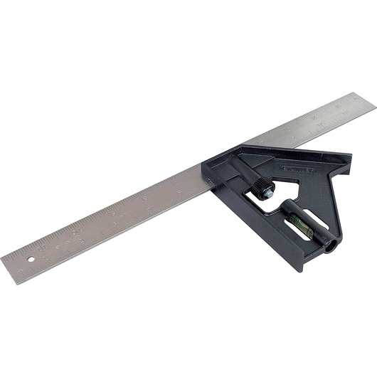 Inclined view of 12 inch plastic handle english combination square.