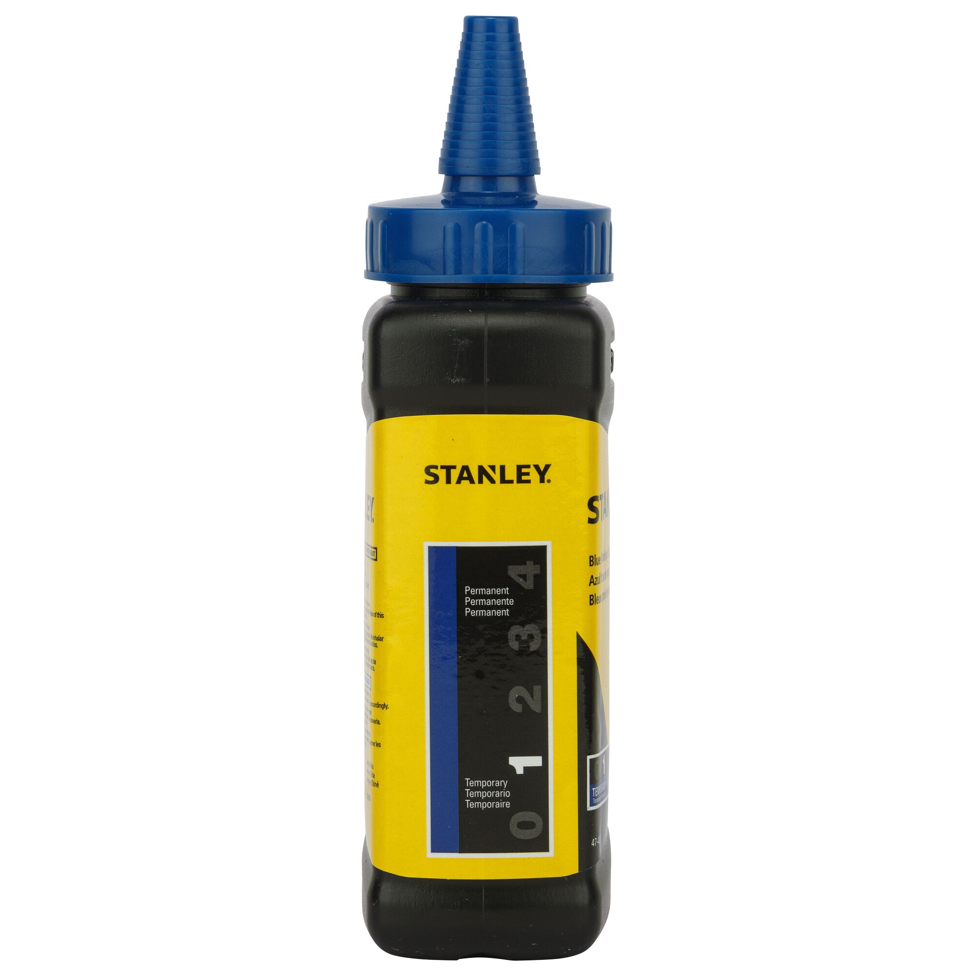 STANLEY 47-443 chalk bottle with yellow label and blue nozzle, front angle, product photography.