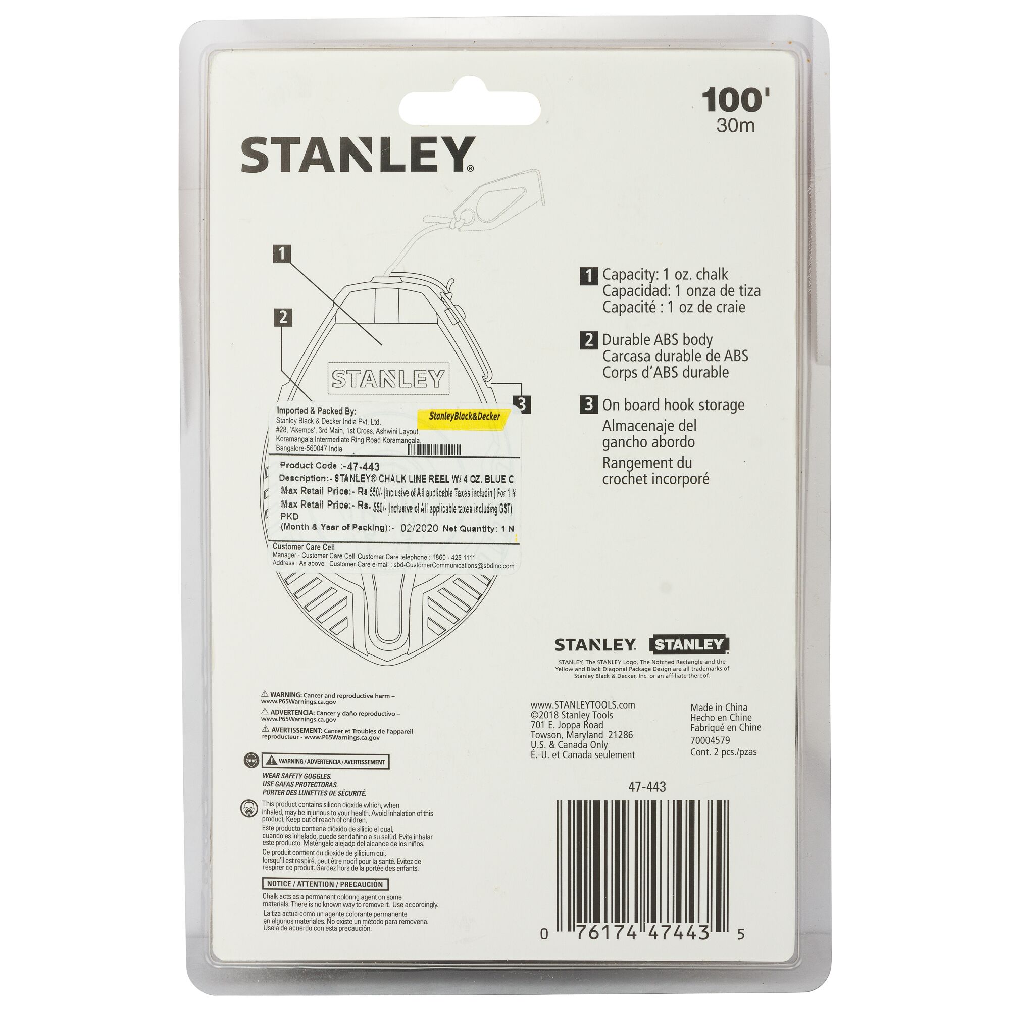 Back view of STANLEY chalk line reel packaging, SKU 47-443, showing product features and specifications in English, Spanish, and French.