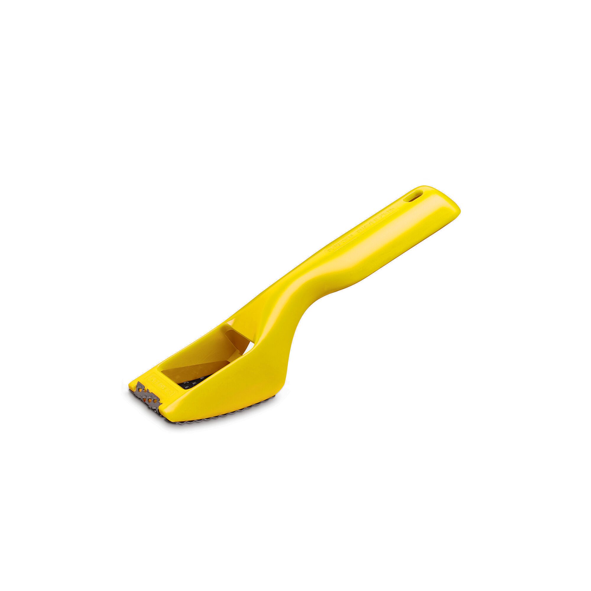 STANLEY 5-21-115 yellow plastic hand rasp, side angle, tool category.