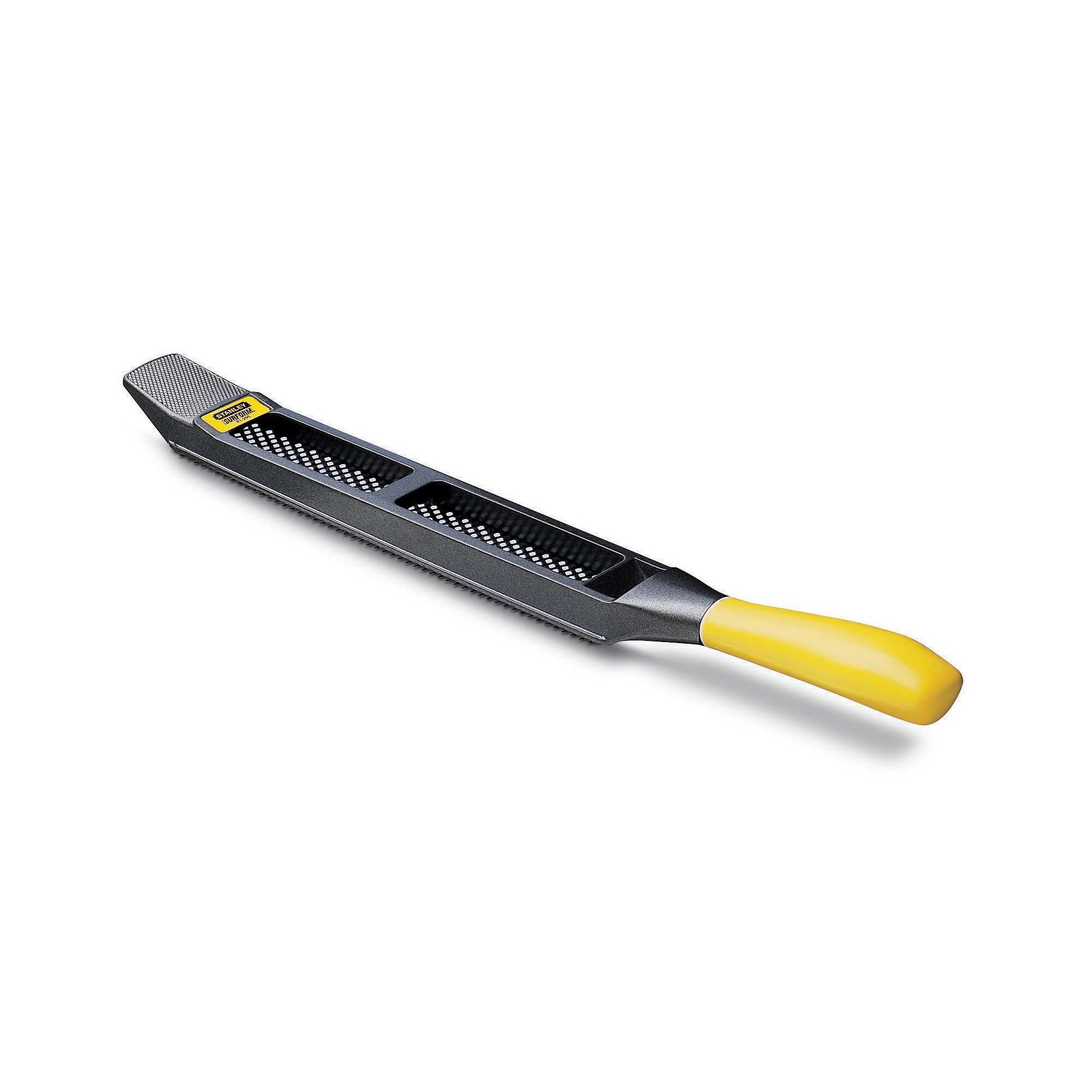 STANLEY 5-21-295 hand rasp with yellow handle, metal body, product photo at angle on white background.
