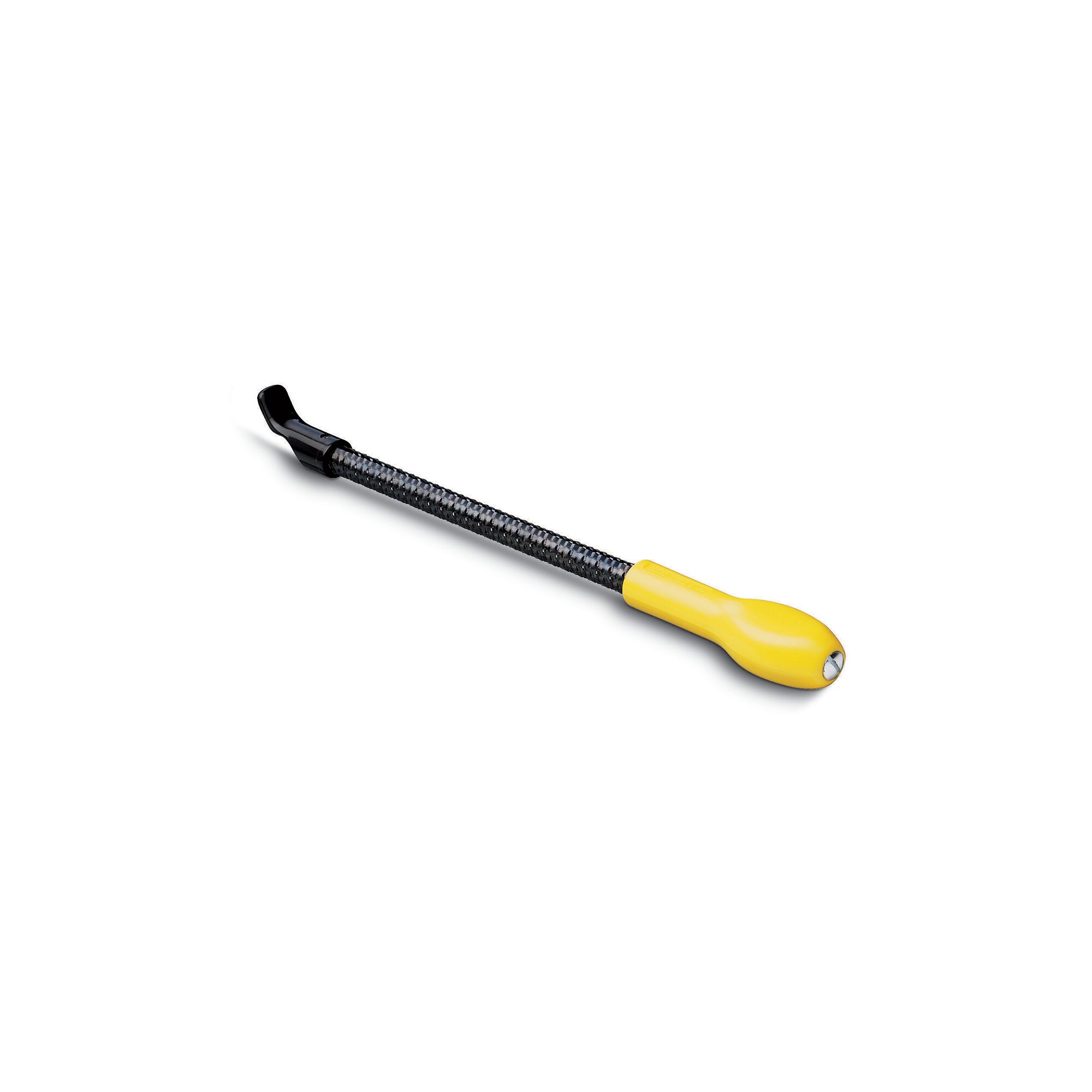 Stanley flexible shaft claw tool in side angle, black shaft with yellow handle on white background