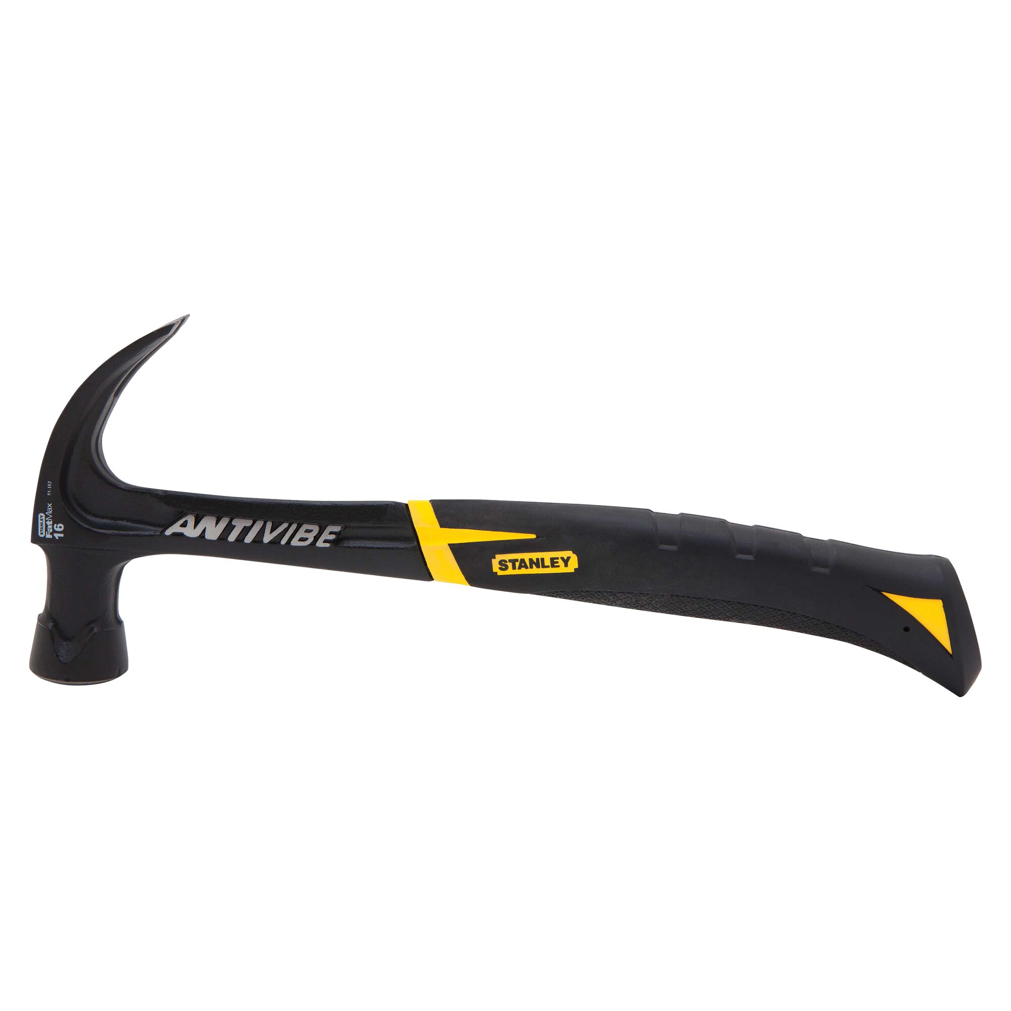 STANLEY 51-162 claw hammer with Antivibe, black and yellow handle, side angle photo.