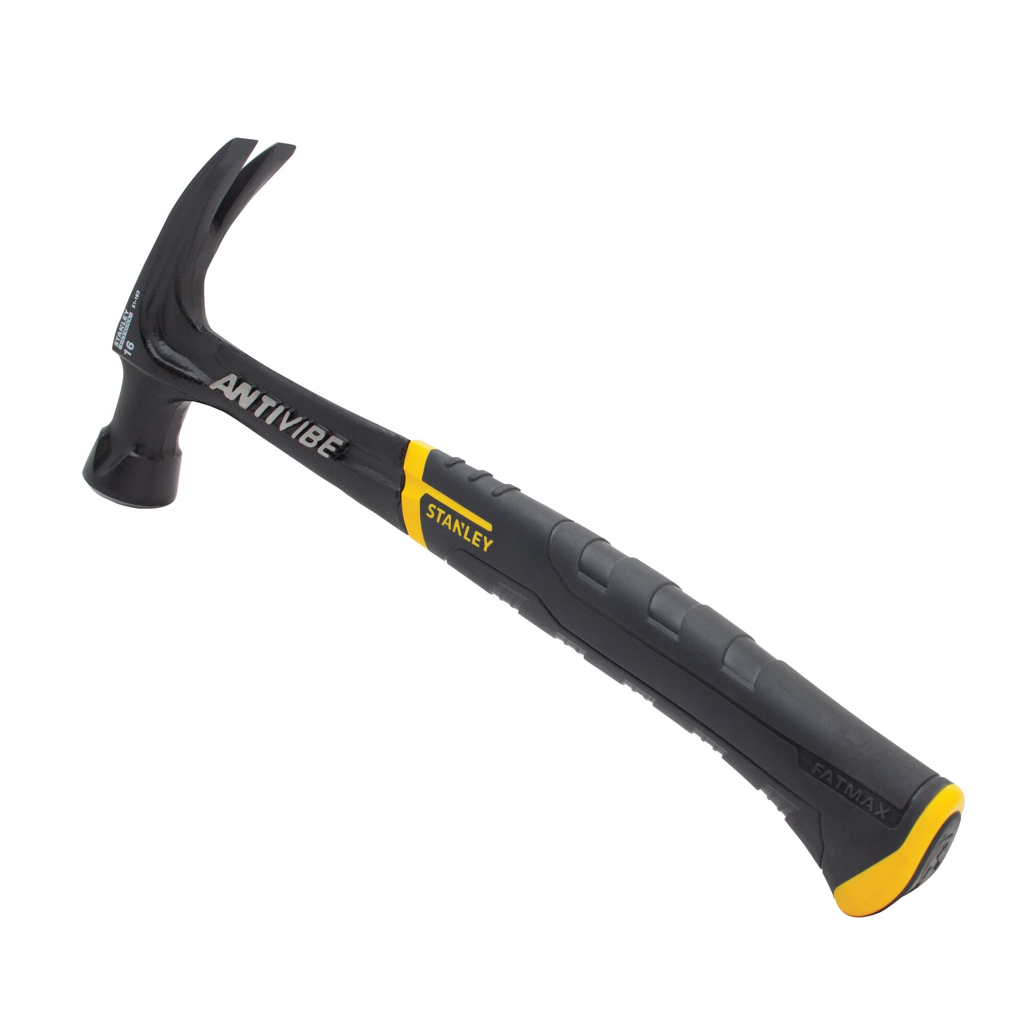 STANLEY 51-163 claw hammer with black and yellow anti-vibration handle, product side angle on white background.