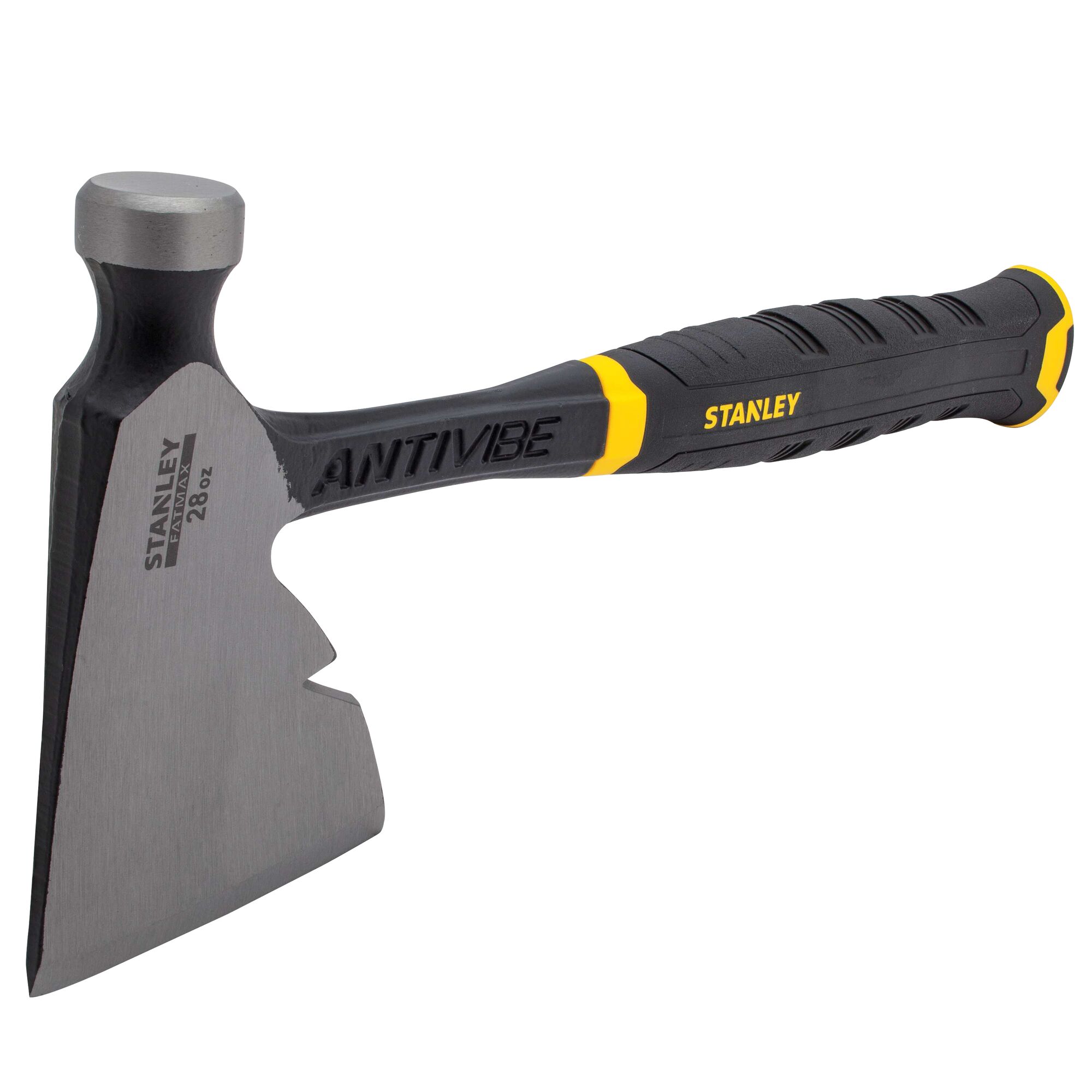 STANLEY 54-023 axe hammer, black and yellow handle, side angle on white background.