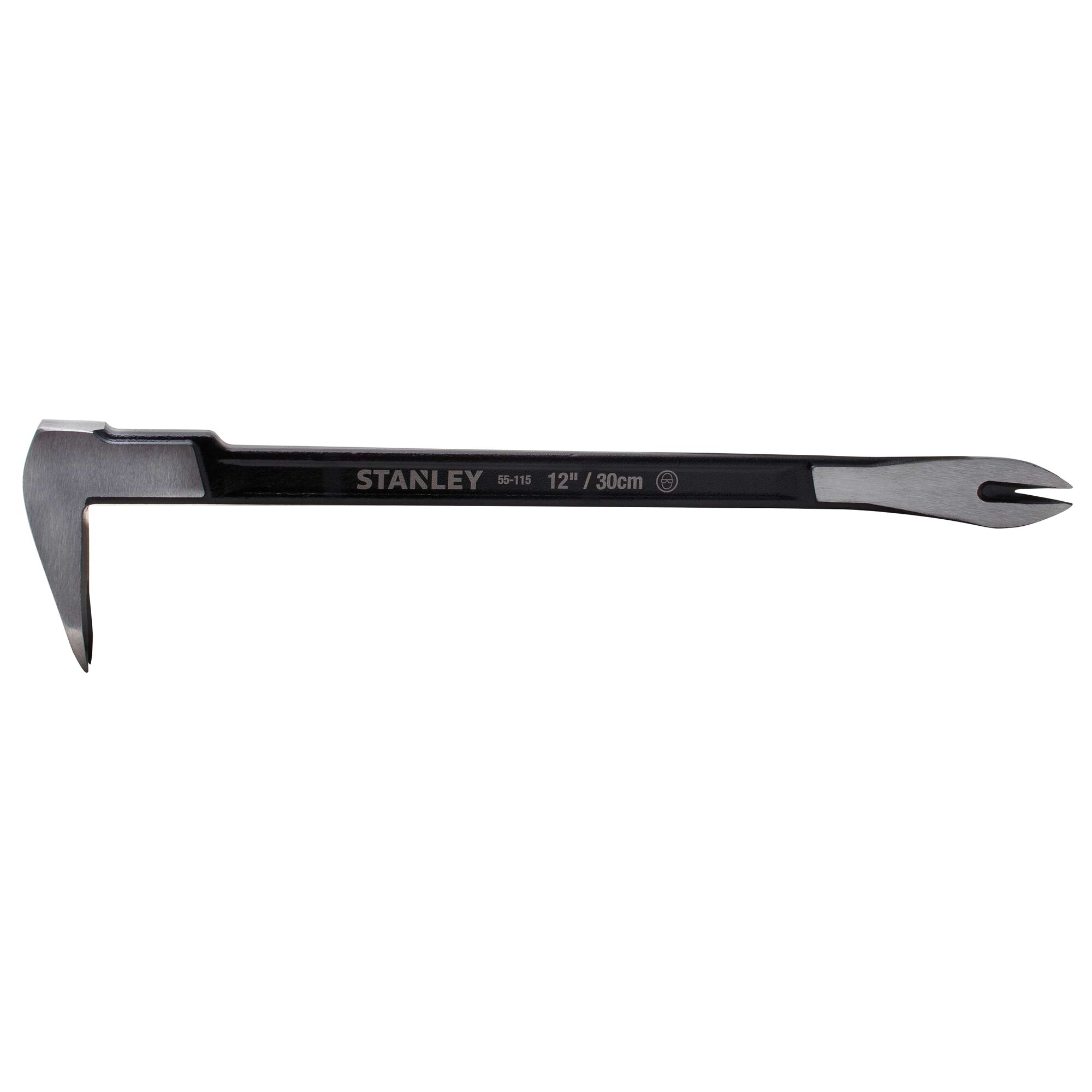 STANLEY 55-115 pry bar, 12-inch steel tool, side view on white background.