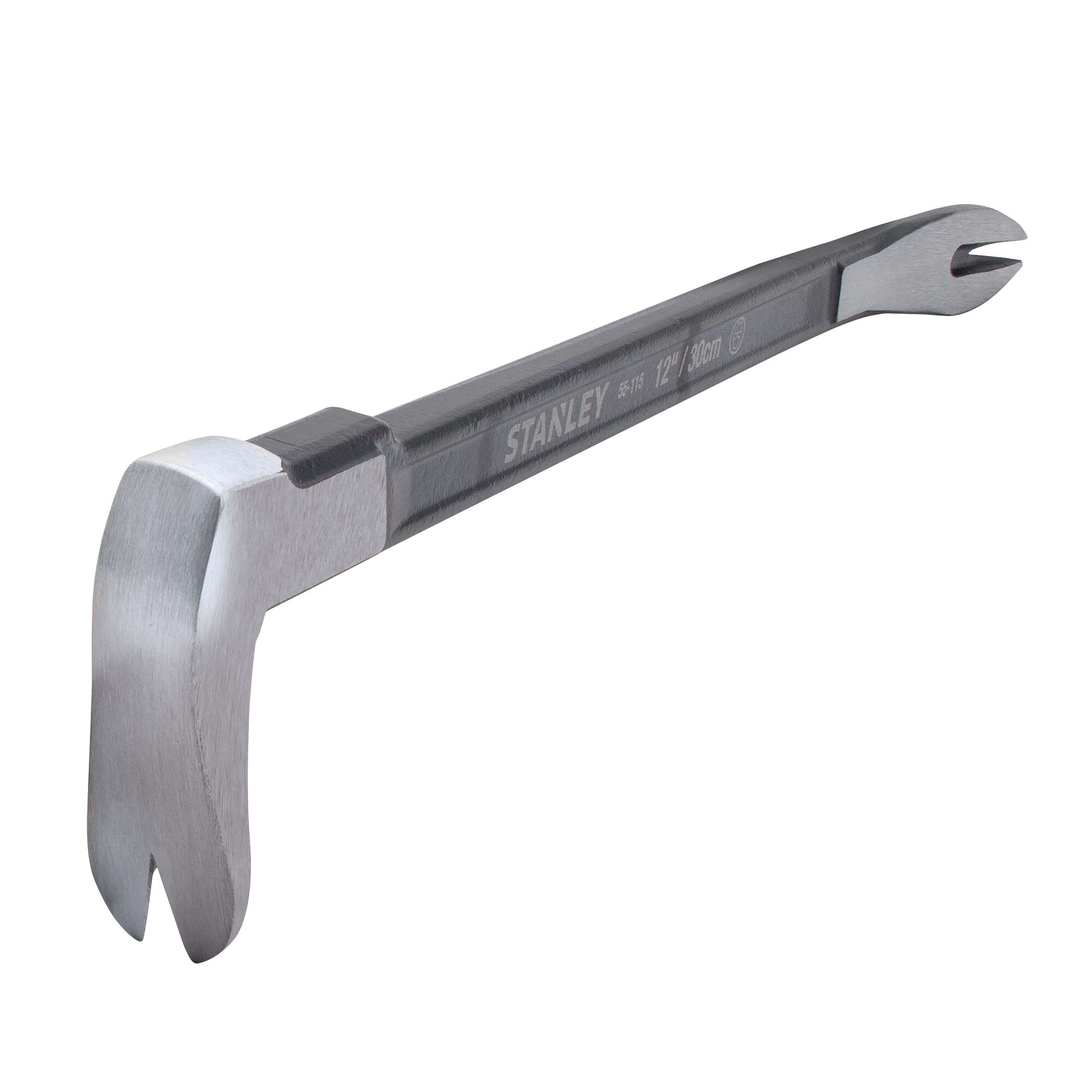 STANLEY 55-115 steel pry bar, 12-inch, silver and black, angled view on white background.