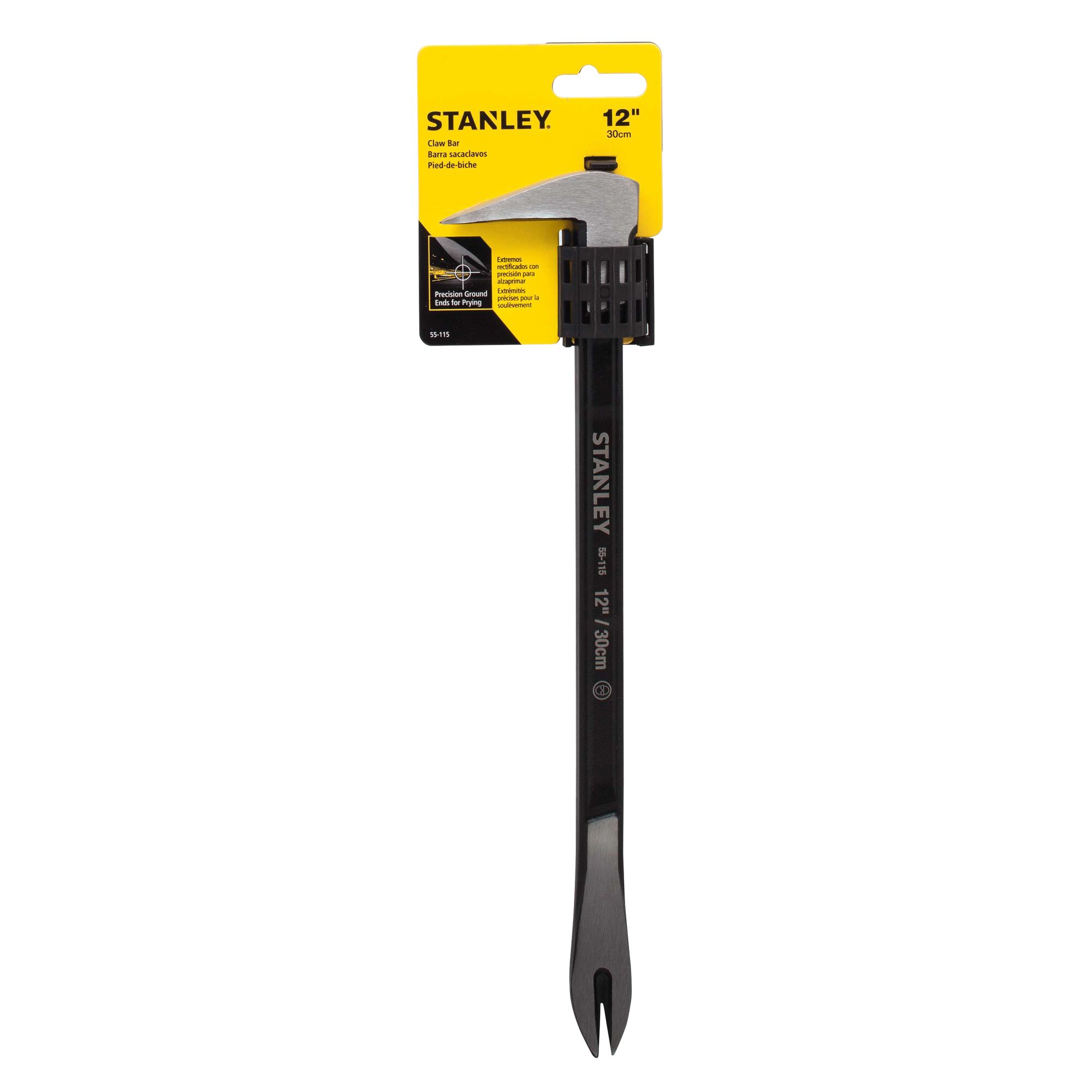 STANLEY 55-115 12-inch black steel claw bar, front angle, with yellow packaging.