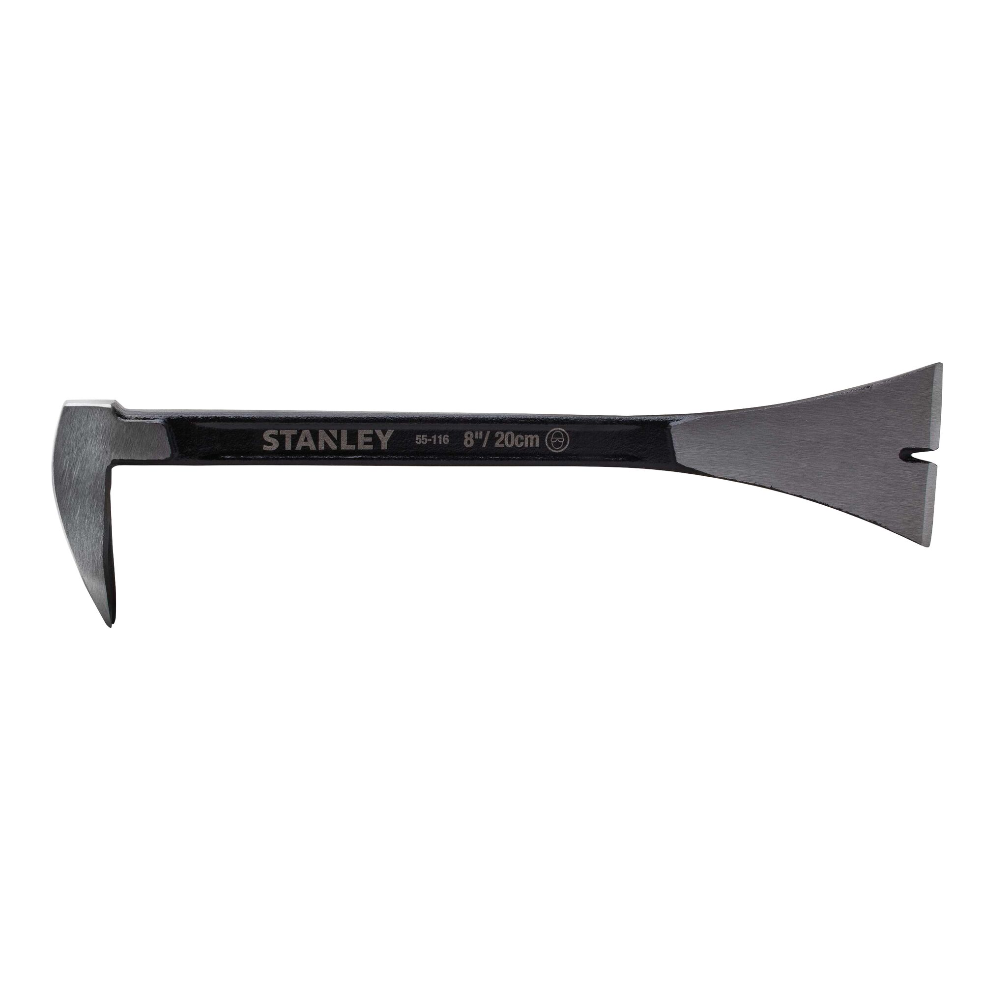 Stanley 55-116 steel pry bar tool, 8-inch size, side angle on white background, hand tool photography.
