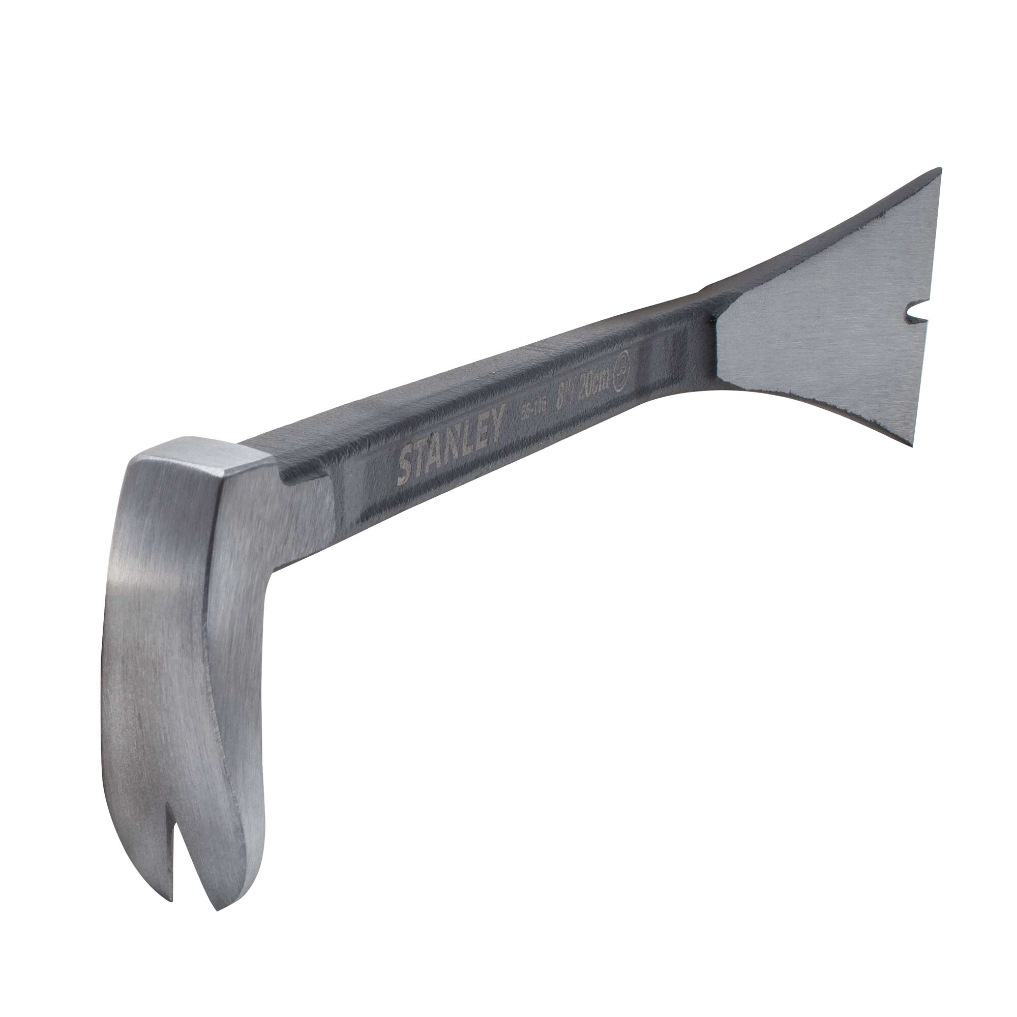 STANLEY 55-116 steel pry bar, angled view, with beveled claw and chisel edge on white background.