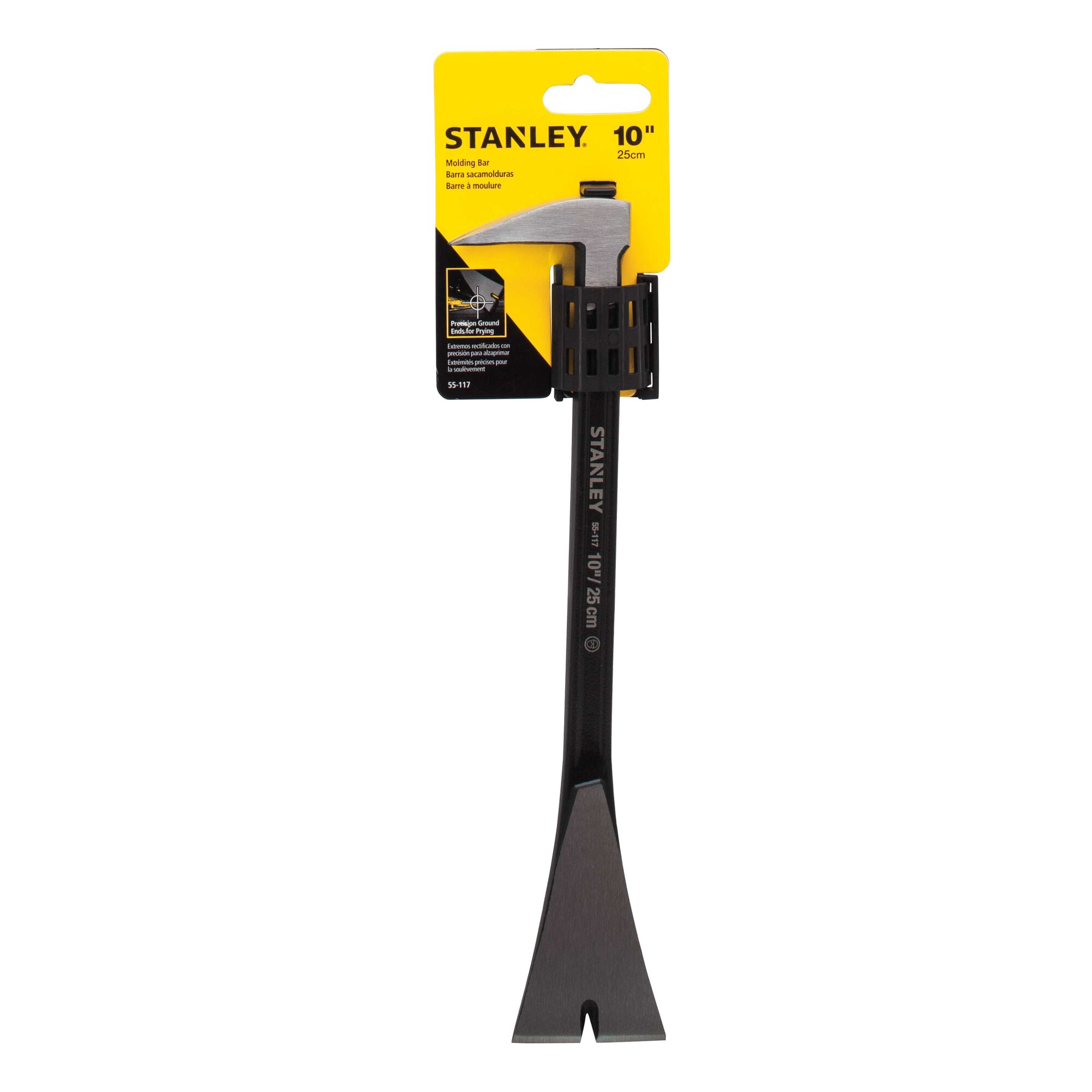 STANLEY 55-117 10 inch molding bar, black steel tool, front view, yellow product packaging.