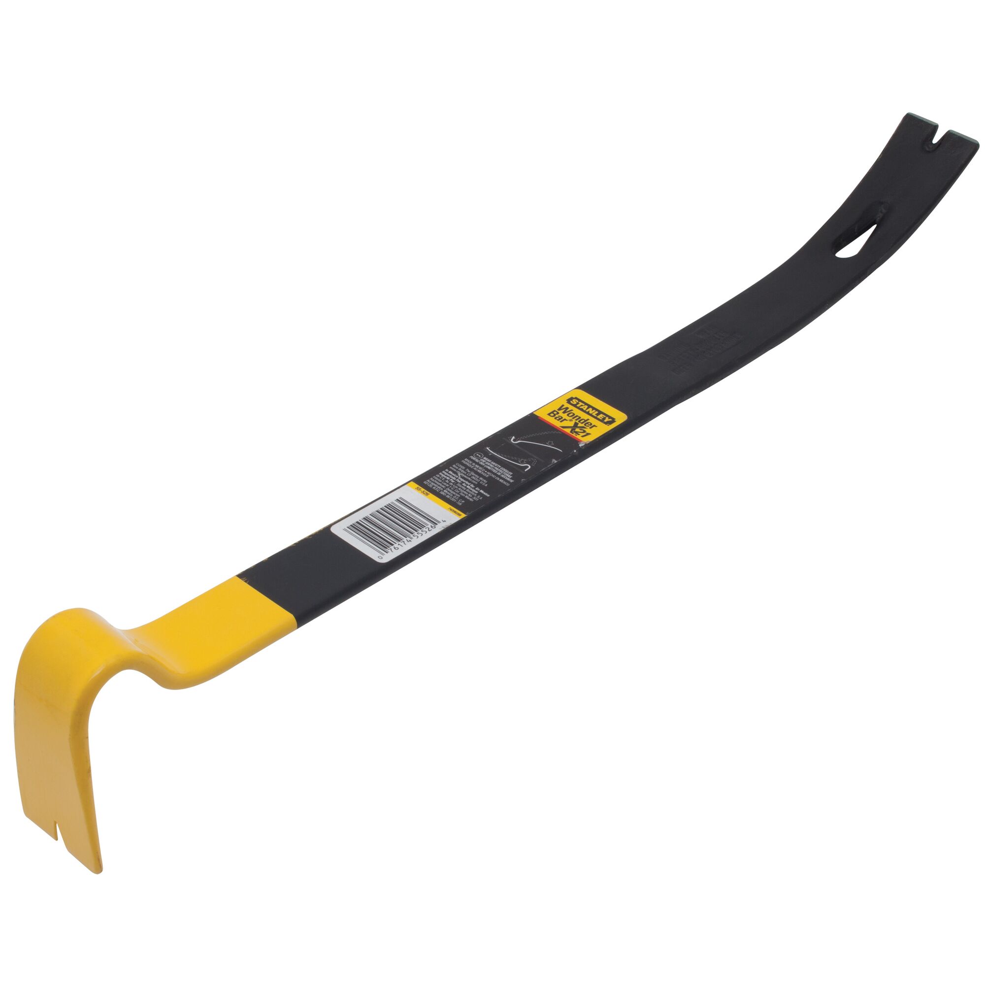 STANLEY 55-526 pry bar, black and yellow, angled end, product label visible, side angle photo.
