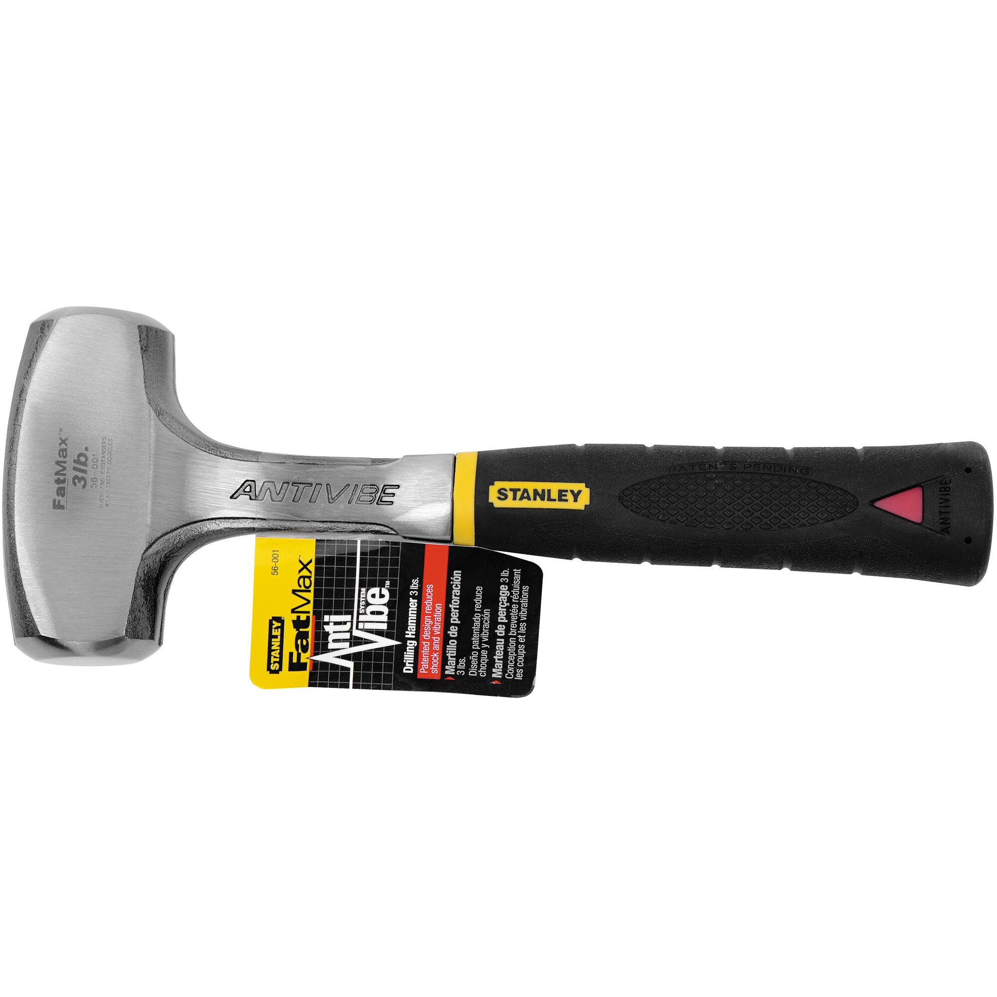 Stanley FatMax ANTIVIBE hammer SKU 56-001, front view, black and silver handle, labeled tag attached.