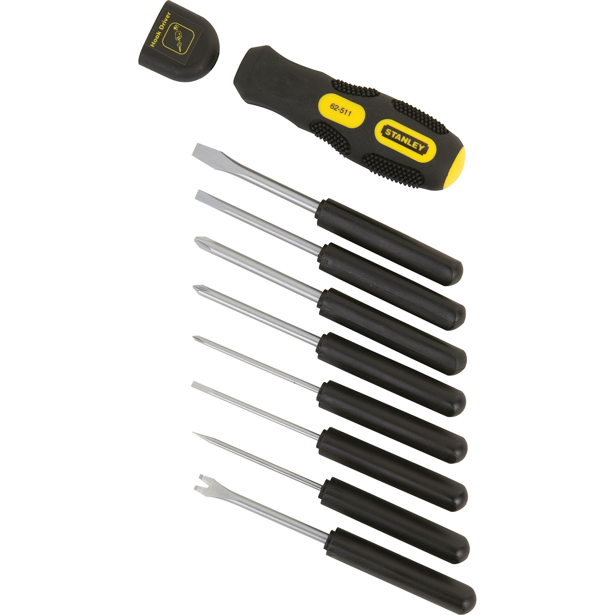 STANLEY 62-511 precision screwdriver set with black and yellow handle and eight interchangeable blades, top-view.
