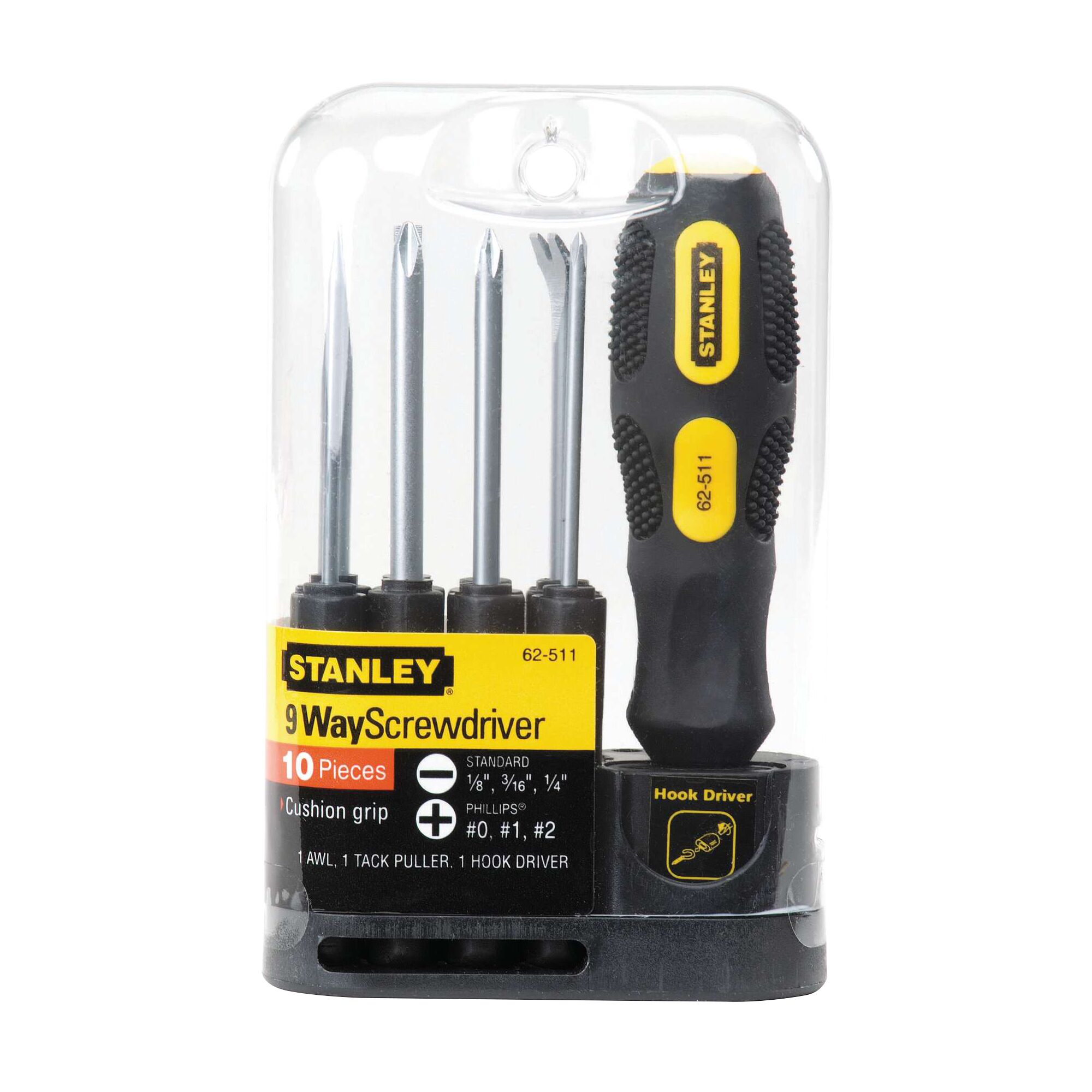 STANLEY 62-511 9-way screwdriver set, black and yellow handle, front view, packaged.