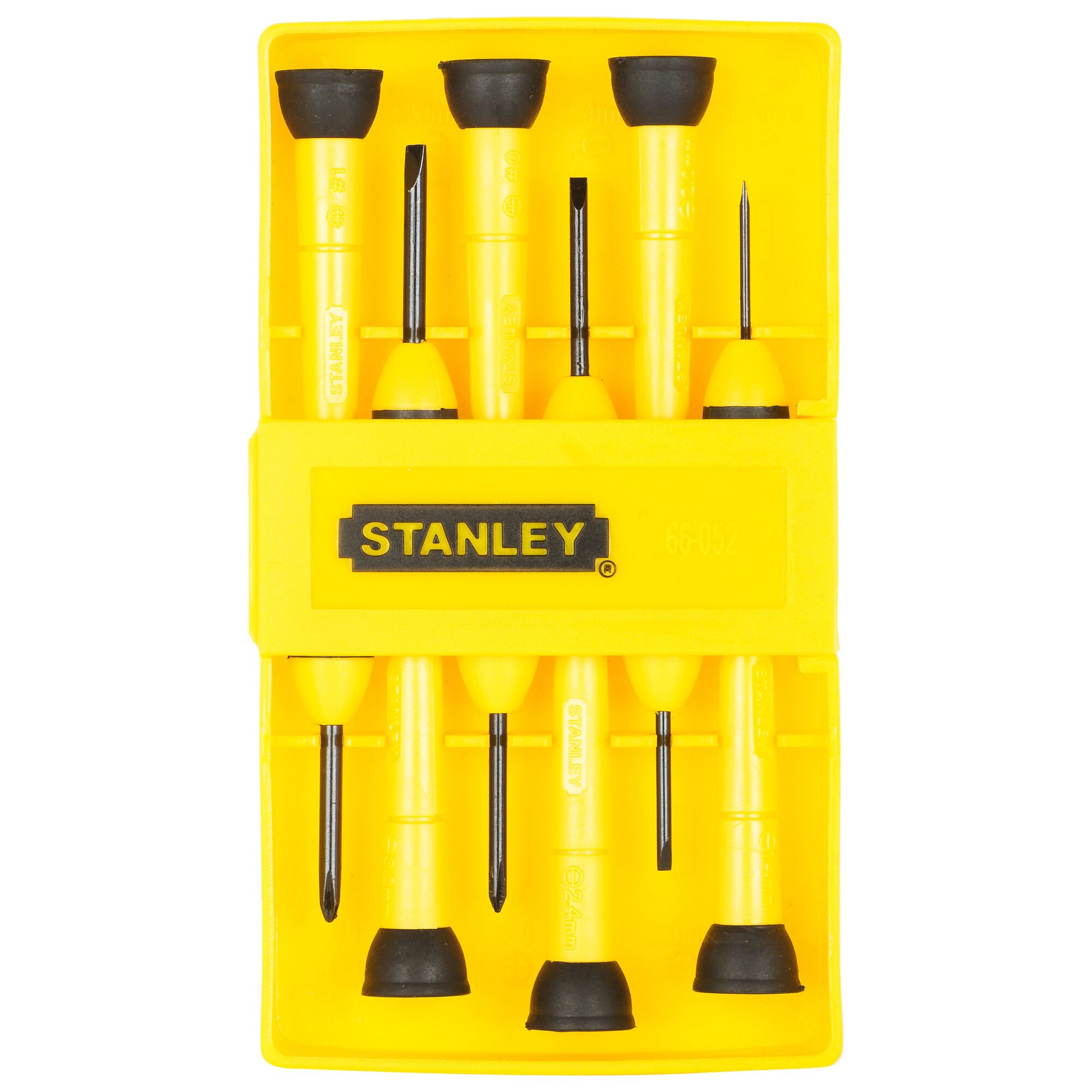 Stanley 66-052 yellow precision screwdriver set in case, product photography, top view.