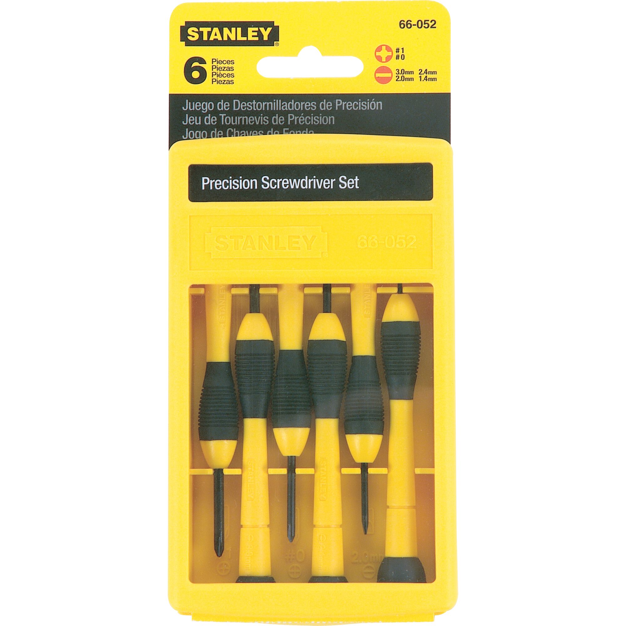 Photo of STANLEY 66-052 precision screwdriver set, 6 pieces in yellow plastic case, product front view.