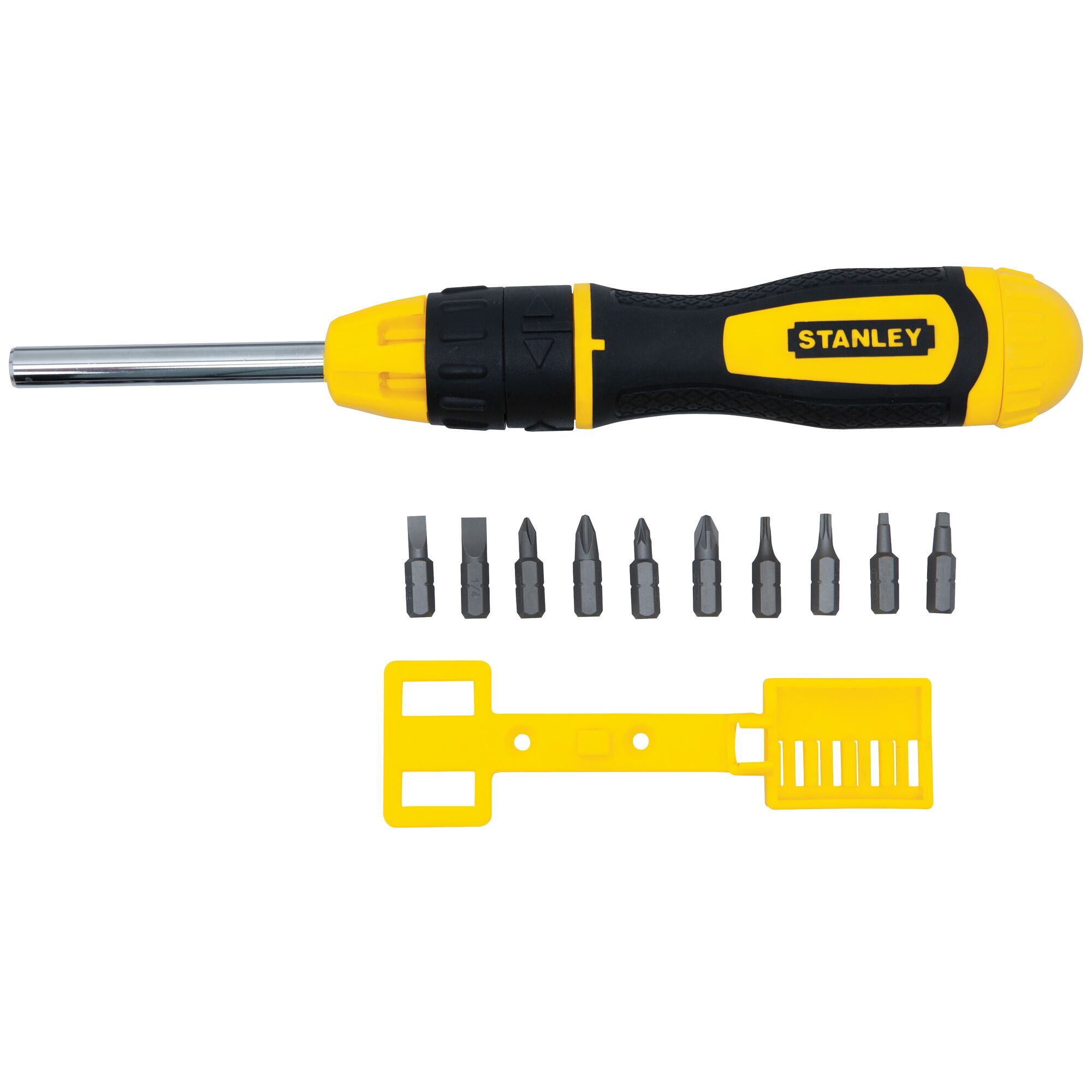 STANLEY 68-010 multi-bit screwdriver with black and yellow handle, 10 assorted bits, and yellow bit holder, top view.